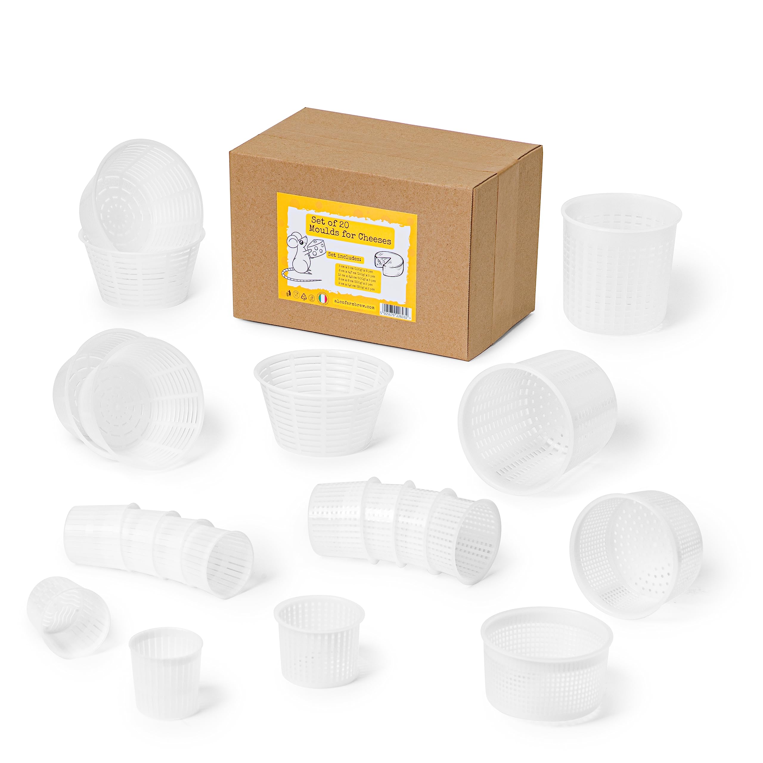 AlcoFermBrew Set di 20 Fuscelle per Formaggio - Forma plastica per formaggio - Kit stampi per formaggio freschi