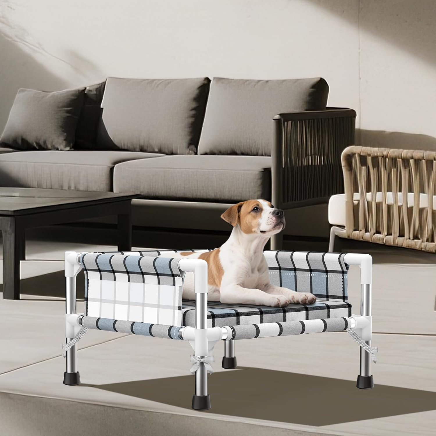 Elevated Raised Outdoor Dog Bed - Cooling Washable Dog Cot with Guardrail, Durable & Breathable Cotton Mesh Pet Hammock Beds with Stainless Steel Pipe Frame for Small Pets (Cushion-S)