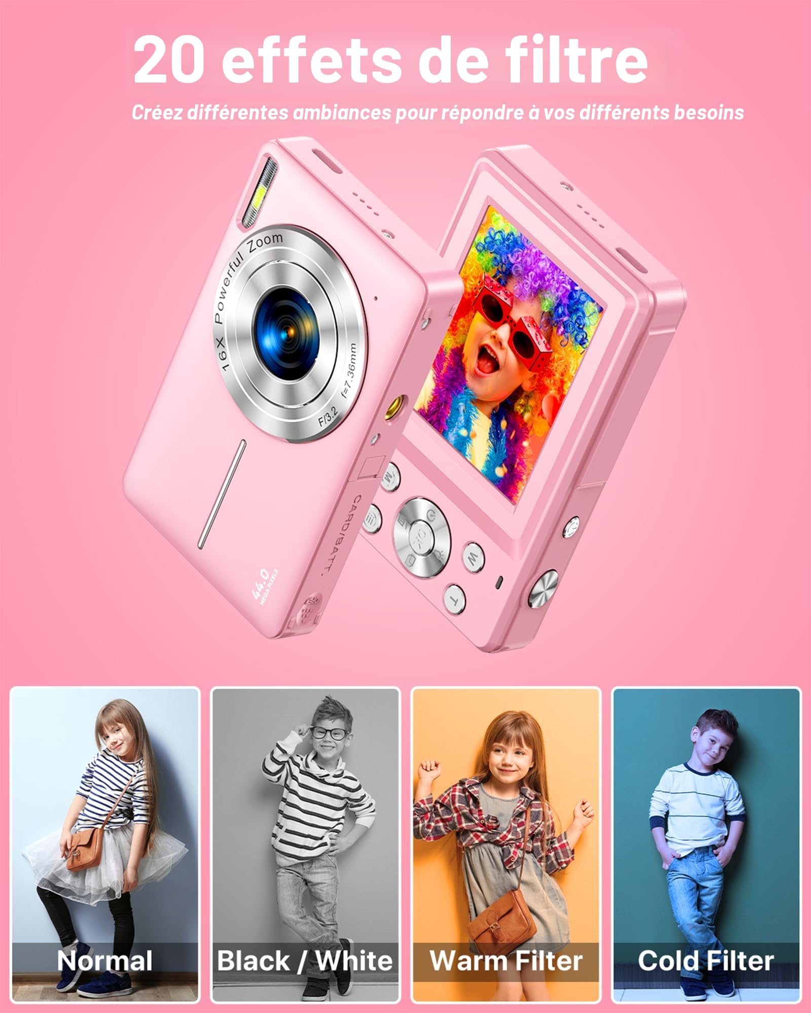 Appareil Photo Numérique 1080P Appareil Photo 44 MP Appareil Photo Compact Portable avec Écran LCD 2,4", Zoom Numérique 16X, Carte Mémoire Micro 32 G, 1 Batterie pour Adolescents, Étudiants-Rose