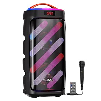 pTron Fusion Bold 100W Karaoke Bluetooth Party Speaker with Punchy Sound, Vibrant RGB Lights, 3m Wired Microphone, Playback via BT/USB/SD Card/Aux, Mini Remote Control & Type-C Charging (Royal Black)