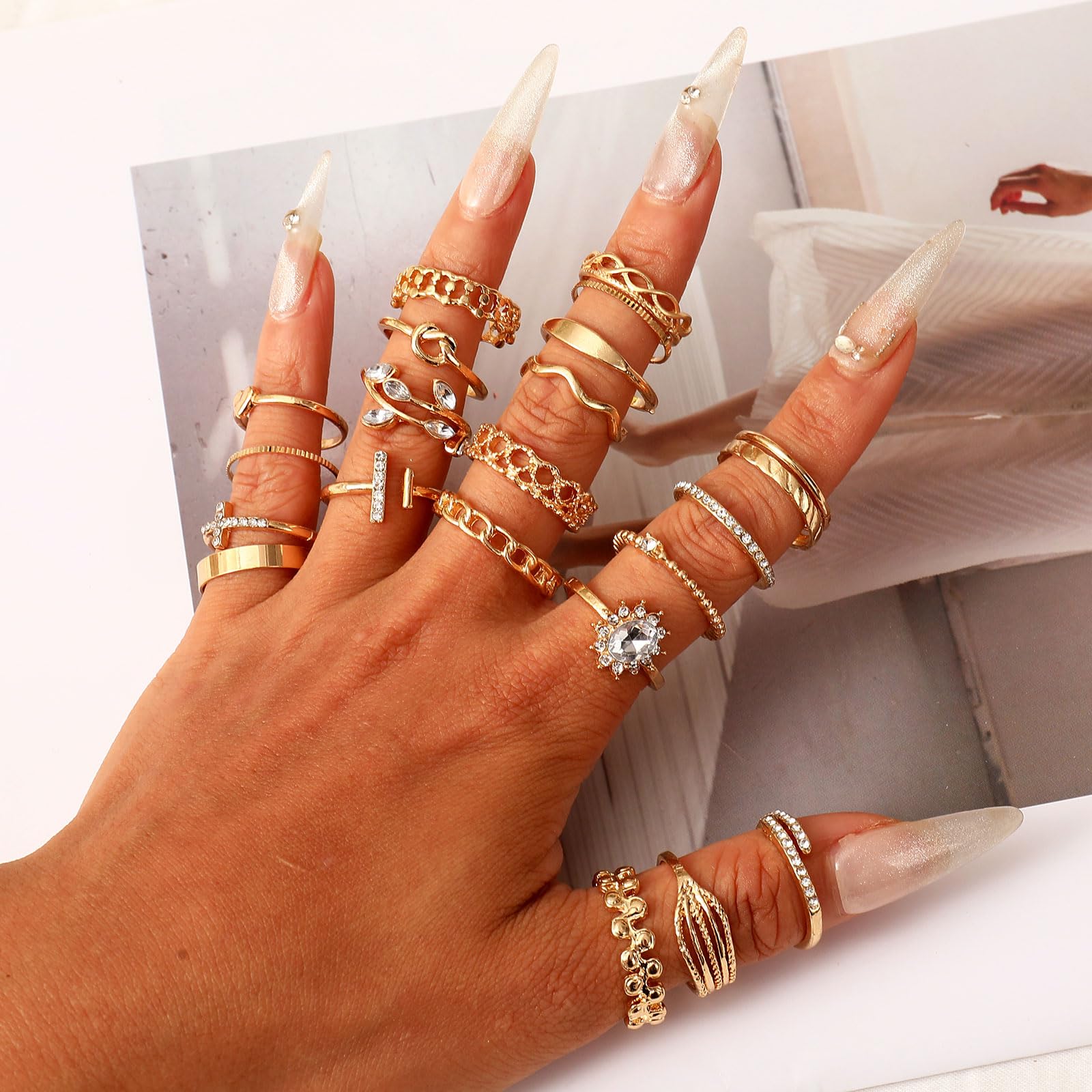 Juego de anillos dorados para nudillos para mujer, paquete de anillos de oro ajustables, tamaño mixto, apilables, juego de anillos apilables de cristal tallado hueco, Cristal, Cristal 3