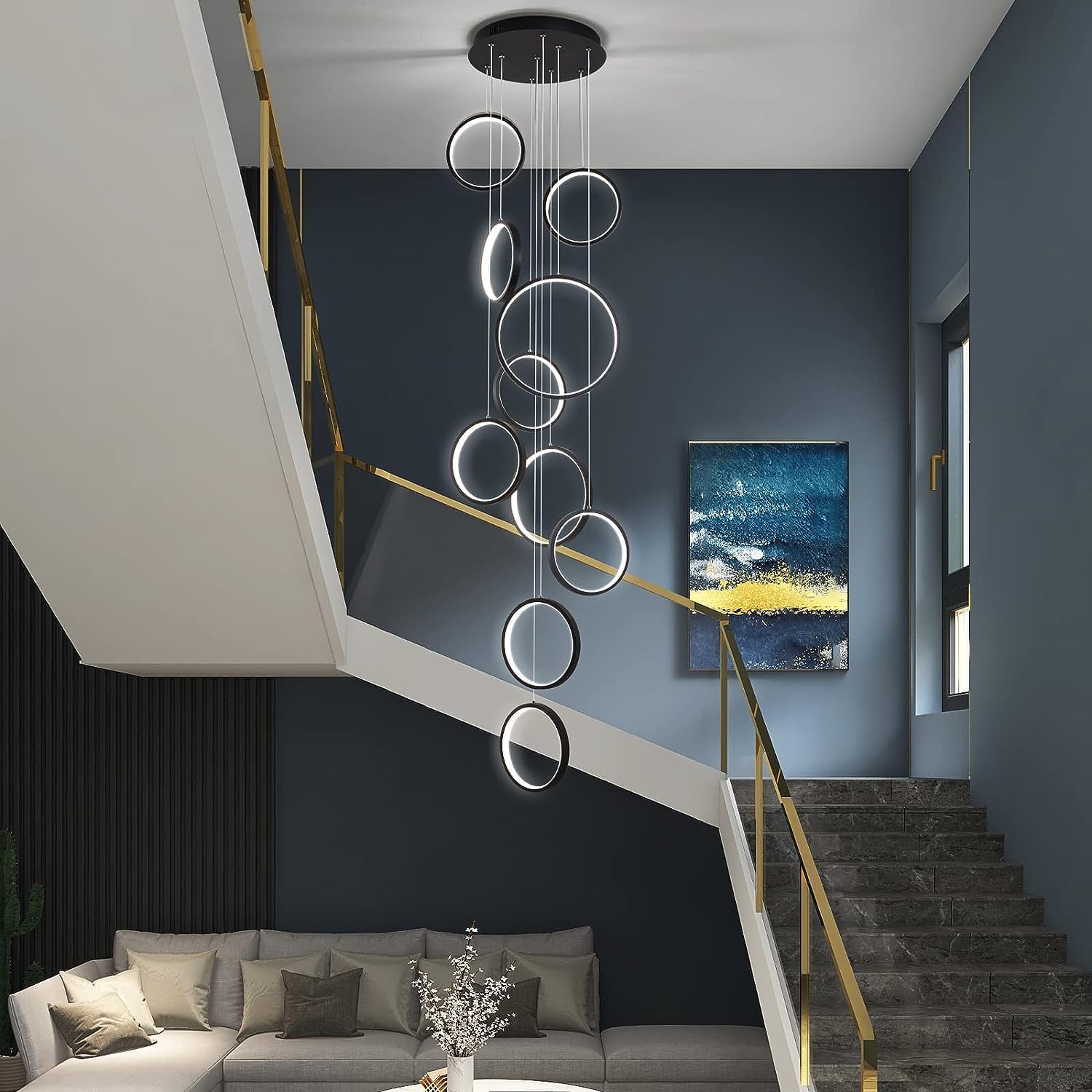 Nowoczesny żyrandol LED, ściemniana z pilotem, czarna lampa wisząca z regulacją wysokości, na schody, hol, wysoki sufit, salon (10 świateł), wyprodukowano w Chinach