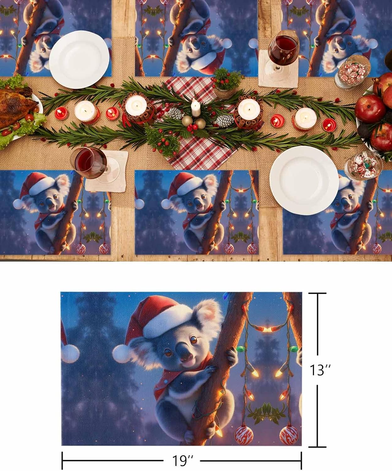 Christmas Placemats Set of 6 Cute Koala Wearing Santa Hat Christmas Placemats for Dining Table Christmas Ball Table Mat Winter Holiday Home Party Kitchen Table Decorations