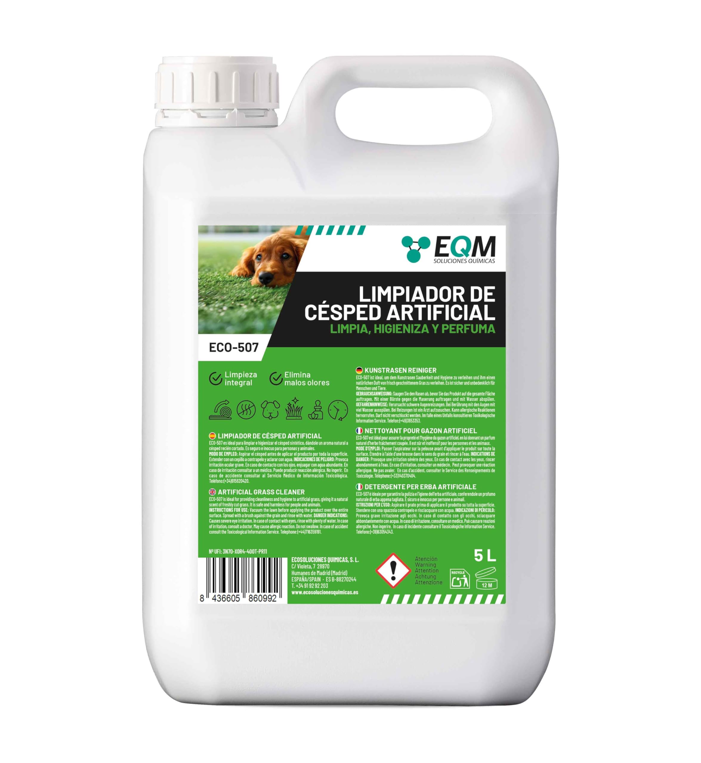 EQM - ECO-507 - Limpiador e Higienizante de Césped Artificial - 5L - Limpia, Higieniza y Perfuma - Formato Ahorro, Larga Duración - No Tóxico