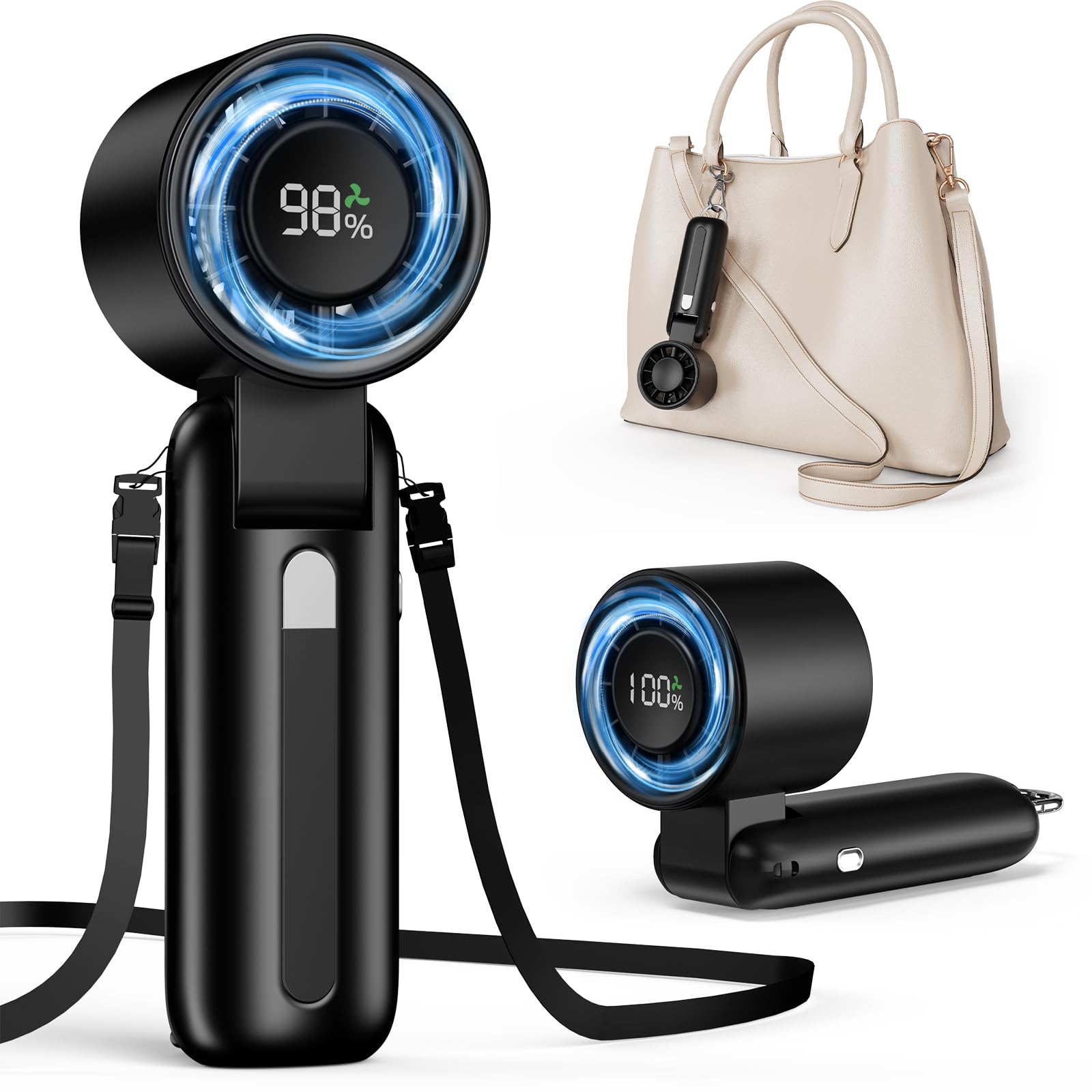 Fcsih Handheld Turbo Fan, 100-Speed Portable Mini Fan with 12800 RPM Strong Airflow, Foldable 4-in-1 Personal Fan for Travel, Camping, Beach & Office, USB-C Rechargeable, Lightweight & Quiet (Black)