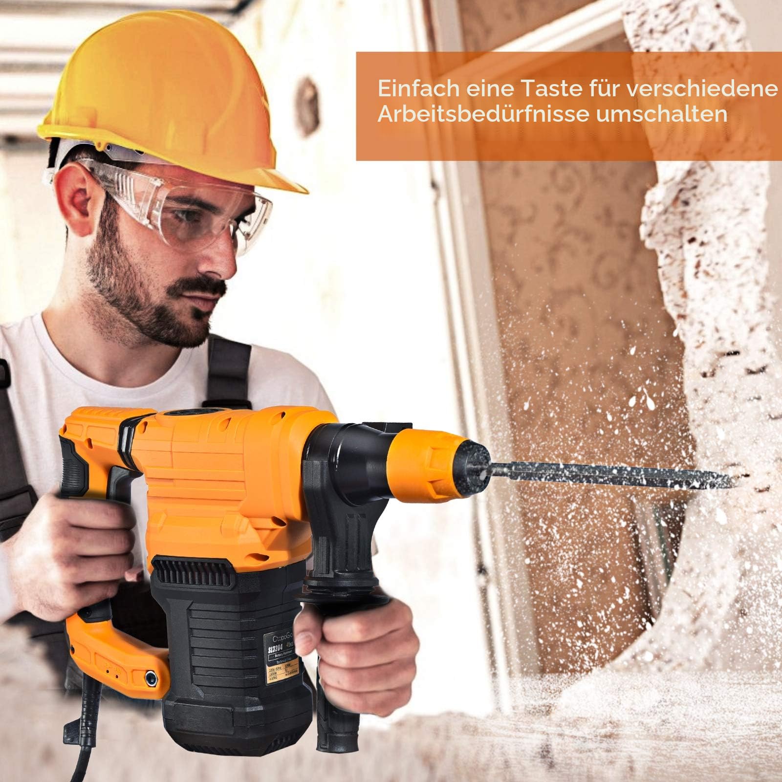 Bohrhammer 1500W Abbruchhammer mit SDS-Plus und 4 Funktionen in 1, 3900BPM und 800RPM, Anti-Vibrationen Griff und Sicherheitskupplung, Max Bohrdurchmesser: 32mm, einschließlich Fett, Meißel und Bohrer
