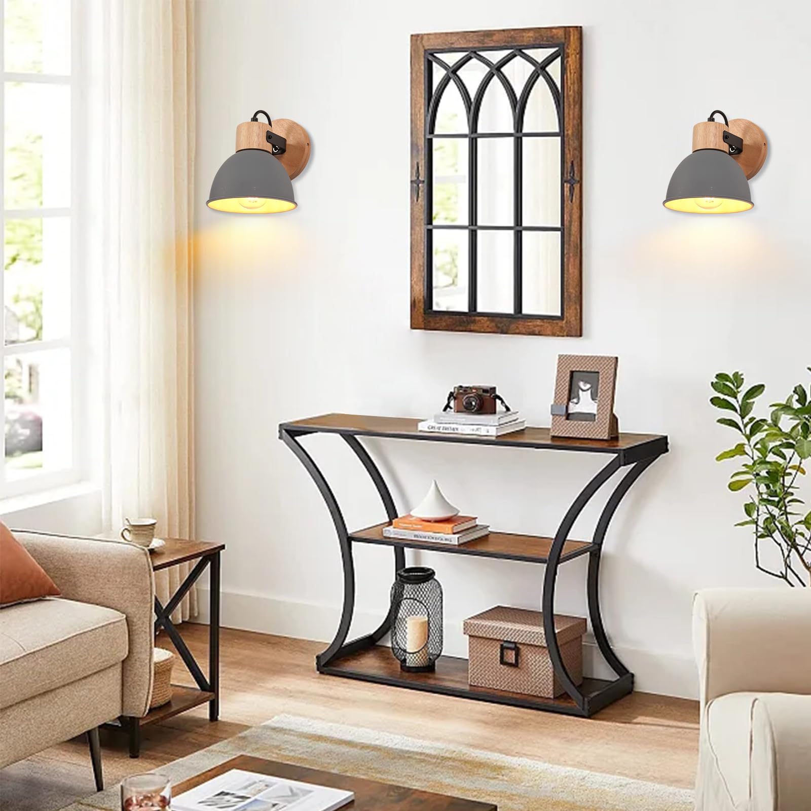 iDEGU Set van 2 wandlampen voor binnen, 15 cm, retro led-wandlamp, insustriële wandlamp van hout, ijzer, vintage, verstelbaar, kroonluchter, plafondlamp, E27, wandverlichting voor slaapkamer