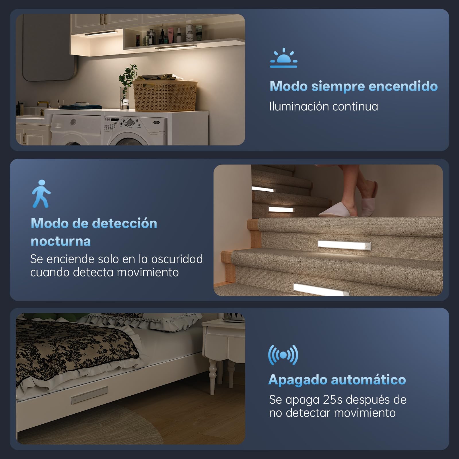 Luz LED con Sensor de Movimiento, 30 cm Luces Led Cocina,5 Piezas | 1800mAh Luz armario, 54 LEDs, 3 Colores, Recargable, Regulable, Montaje Magnético para Cocina,Pasillo, Escalera, Gabinete