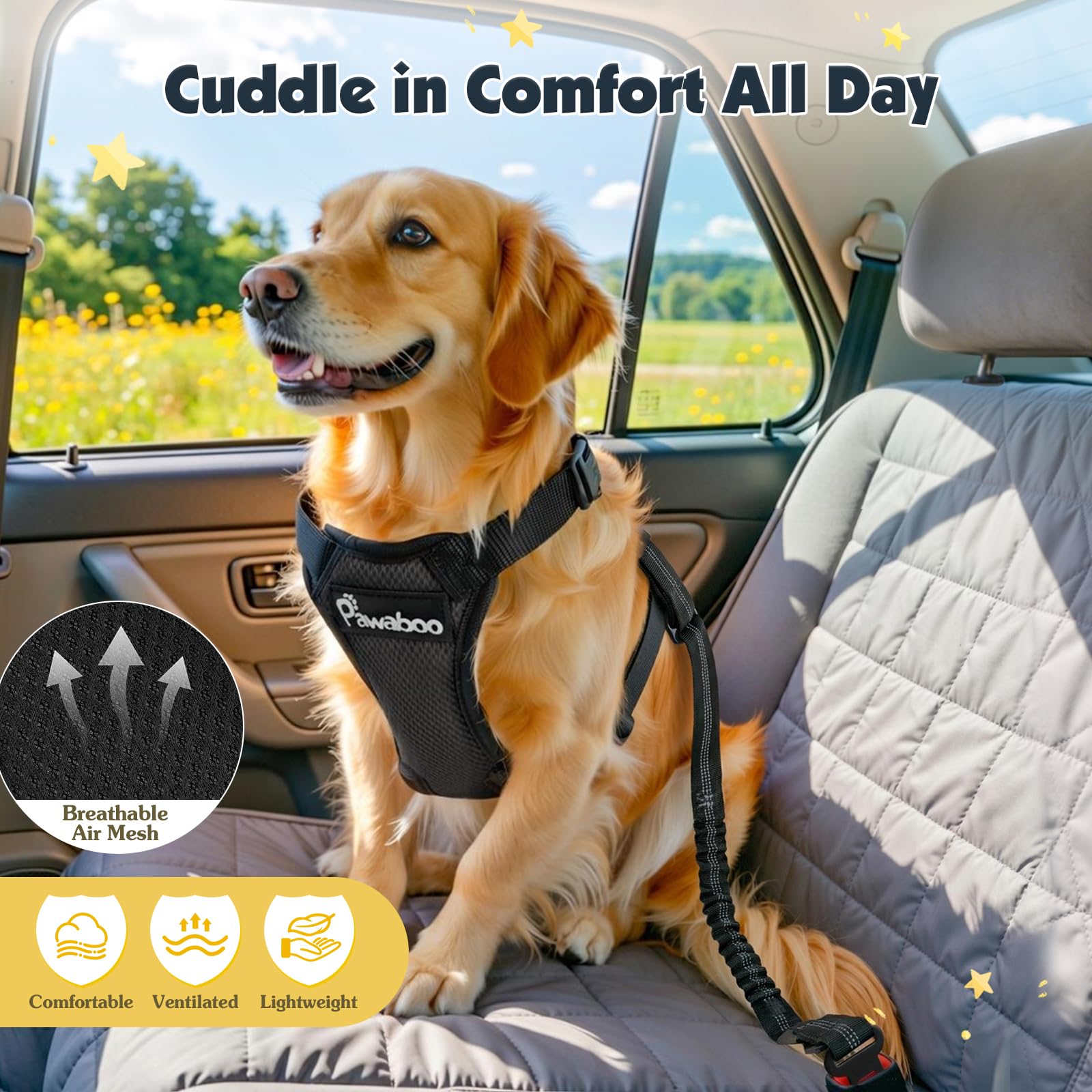 Pawaboo Dog Seat Belt Harness for Car, Dog Car Harness Seatbelt with Double Clips, Adjustable Breathable Pet Vest & Dogs Safety Tether with Elastic Bungee for Small Medium Large Pet, L, Black - image 6
