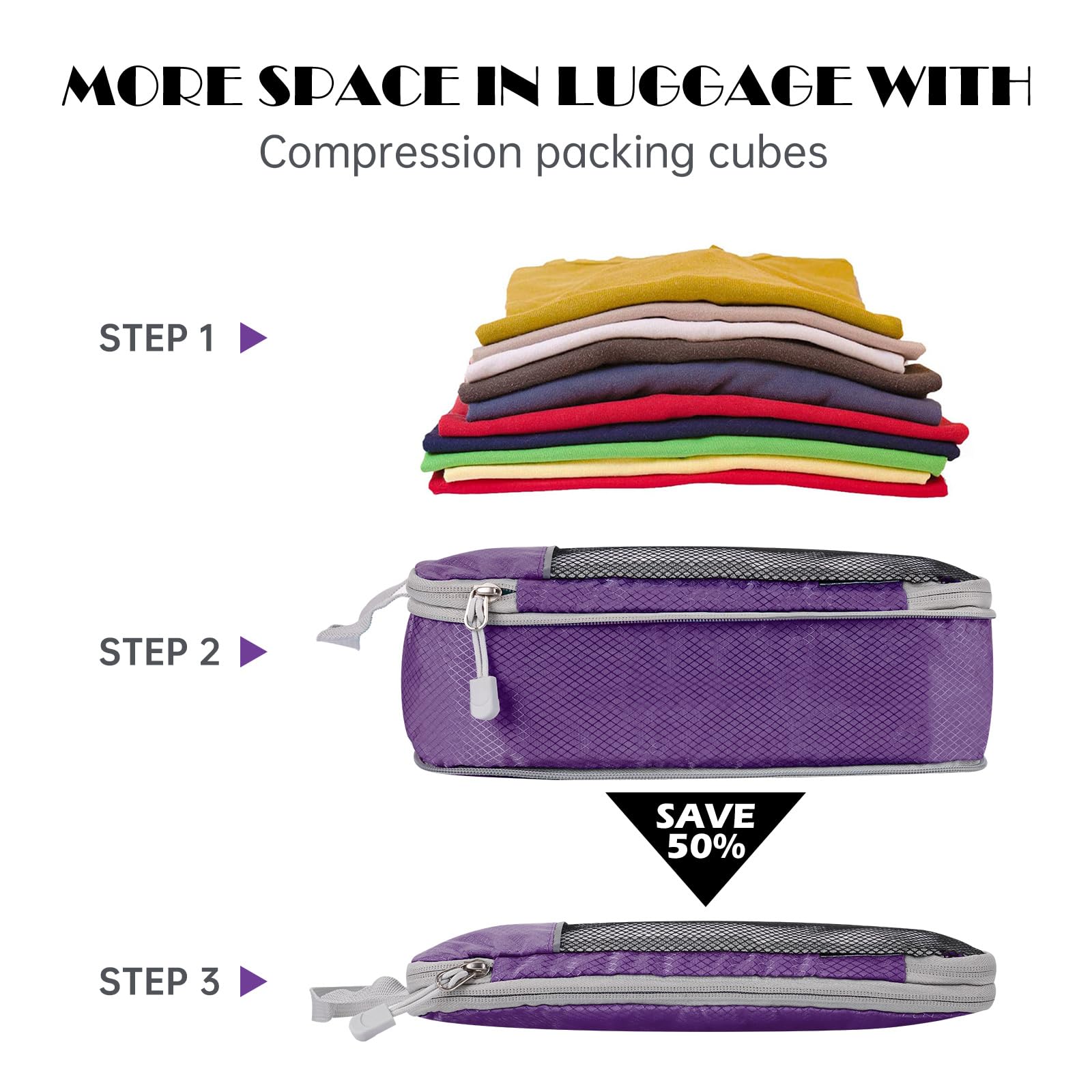 NiHome Set di 7 cubi a compressione espandibile, in rete, organizer per bagagli con cavo elettronico, caricabatterie, organizer con coulisse, per viaggi, casa, accessori da viaggio (viola)