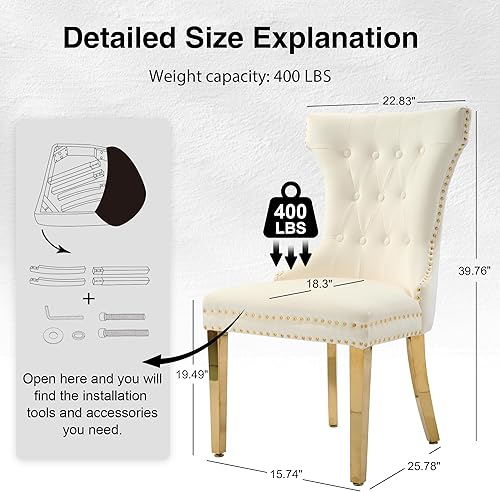 Miniatura 3 de Juego de 2 sillas de comedor de terciopelo, sillas de comedor tapizadas con patas de acero inoxidable, silla de cocina copetuda con botón trasero y