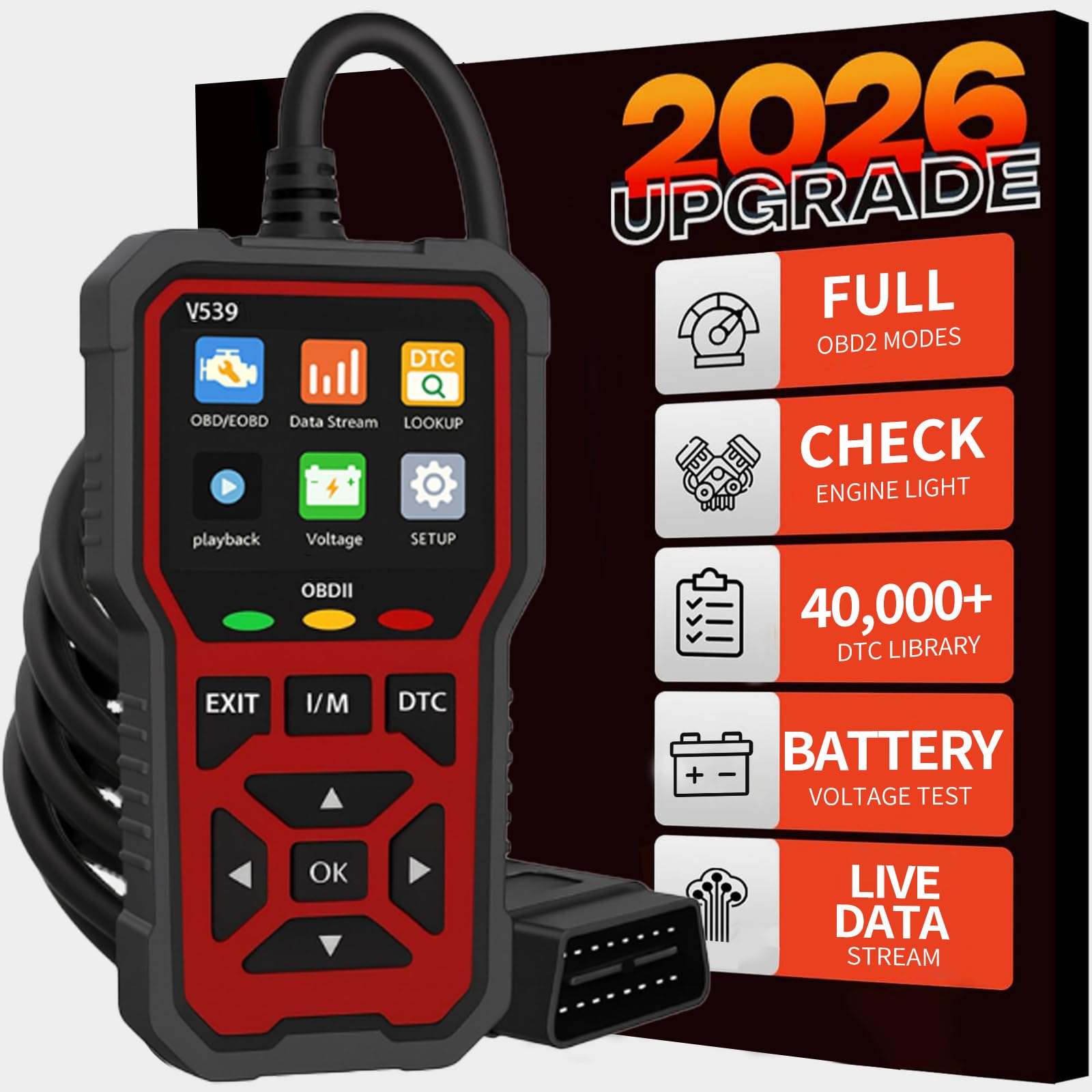 V539 OBD2 Diagnostic Voiture 2026 avec 40 000+ DTC, Diagnostic Voiture Multimarque avec Fonctions Complètes OBDII, Lecteur Codes Défaillance Moteur pour Véhicules à Essence Fabriqués Après 1996