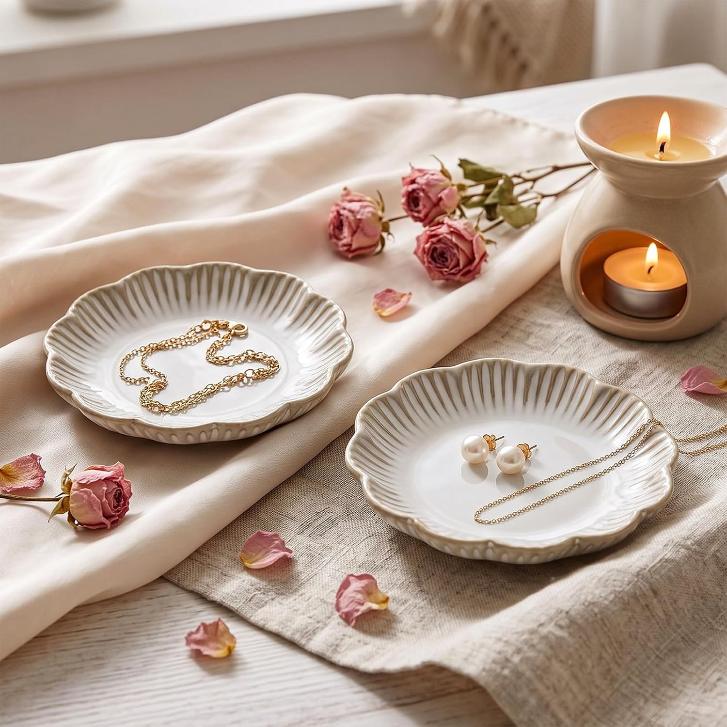 Teenyyou 8 Pcs Ceramic Jewelry Dish Trinket Dish for Ring Earring White