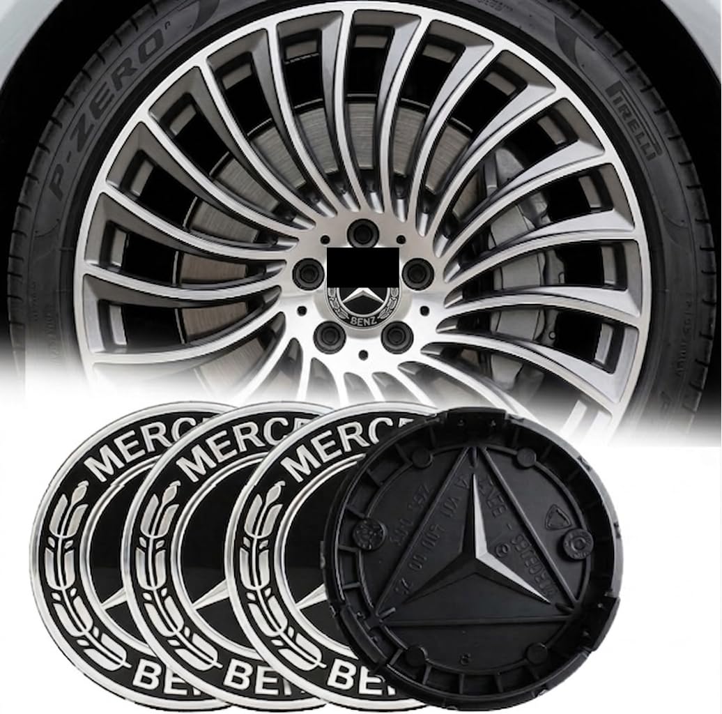 Set of 4 Black & Silver Alloy Wheel Centre Hub Caps 75mm – Luxury Laurel Design Car Rim Emblems – Universal Replacement Wheel Badge Covers for Most Vehicles
