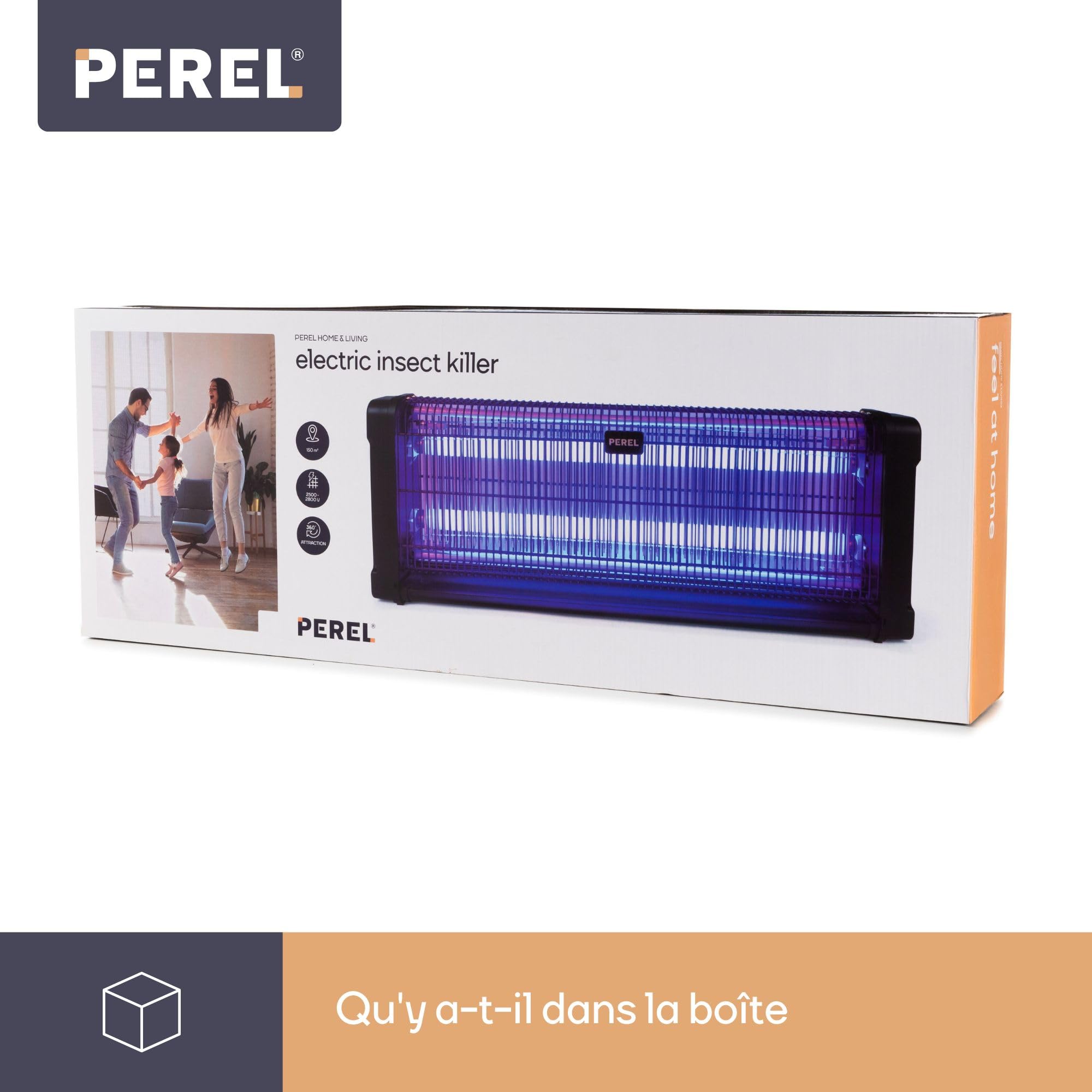 Perel Tueur d' Insectes UV électrique intérieur, Grille 2800V, Appareil Silencieux avec bac métallique Amovible, Couverture 150 m², Solution sans Produits Chimiques