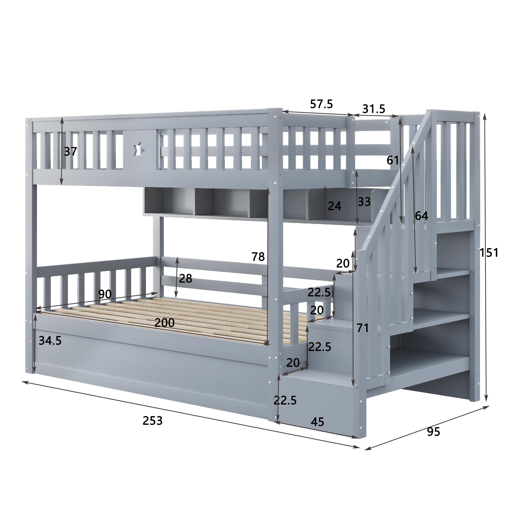 Su & Chan Legence Etagenbett 90x200cm mit hydraulischem Unterbett, Kinderbett mit Stauraumtreppe und Regalen, Holzbett mit Rausfallschutz für 2 Kinder, Grau