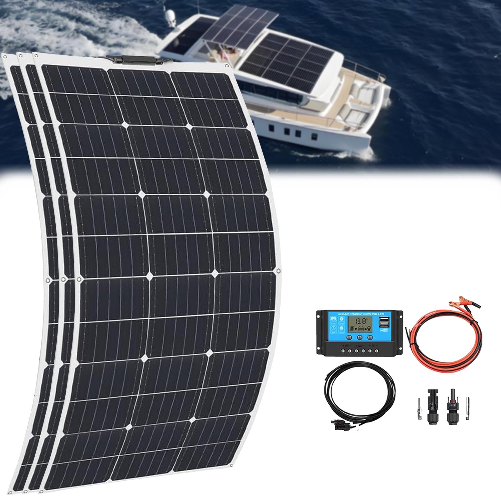 Pannello Solare, Pannello Solare Flessibile Kit, 400w, con 20a Regolatore Solare, Impermeabile IP68, per Camper,Roulotte,Barca E Batteria di Ricarica. 4×200w