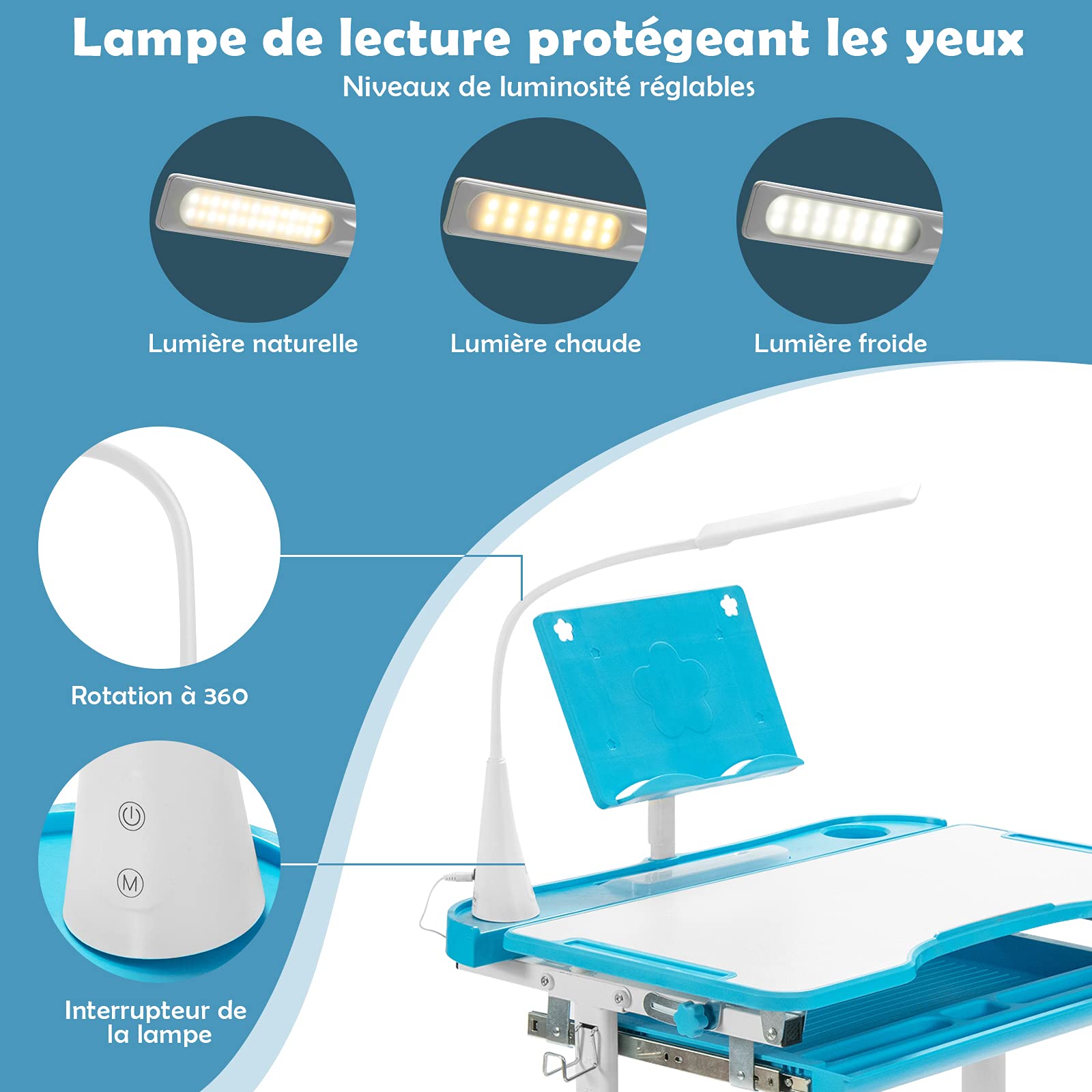 COSTWAY Bureau Enfant Garçon Fille avec Chaise & Plateau Incliné, Table et Chaise Enfant avec Hauteur Réglable & Éclairage à 3 Niveaux, Support de Livre, Tiroir, Charge 80/100kg pour 6-12 Ans, Bleu