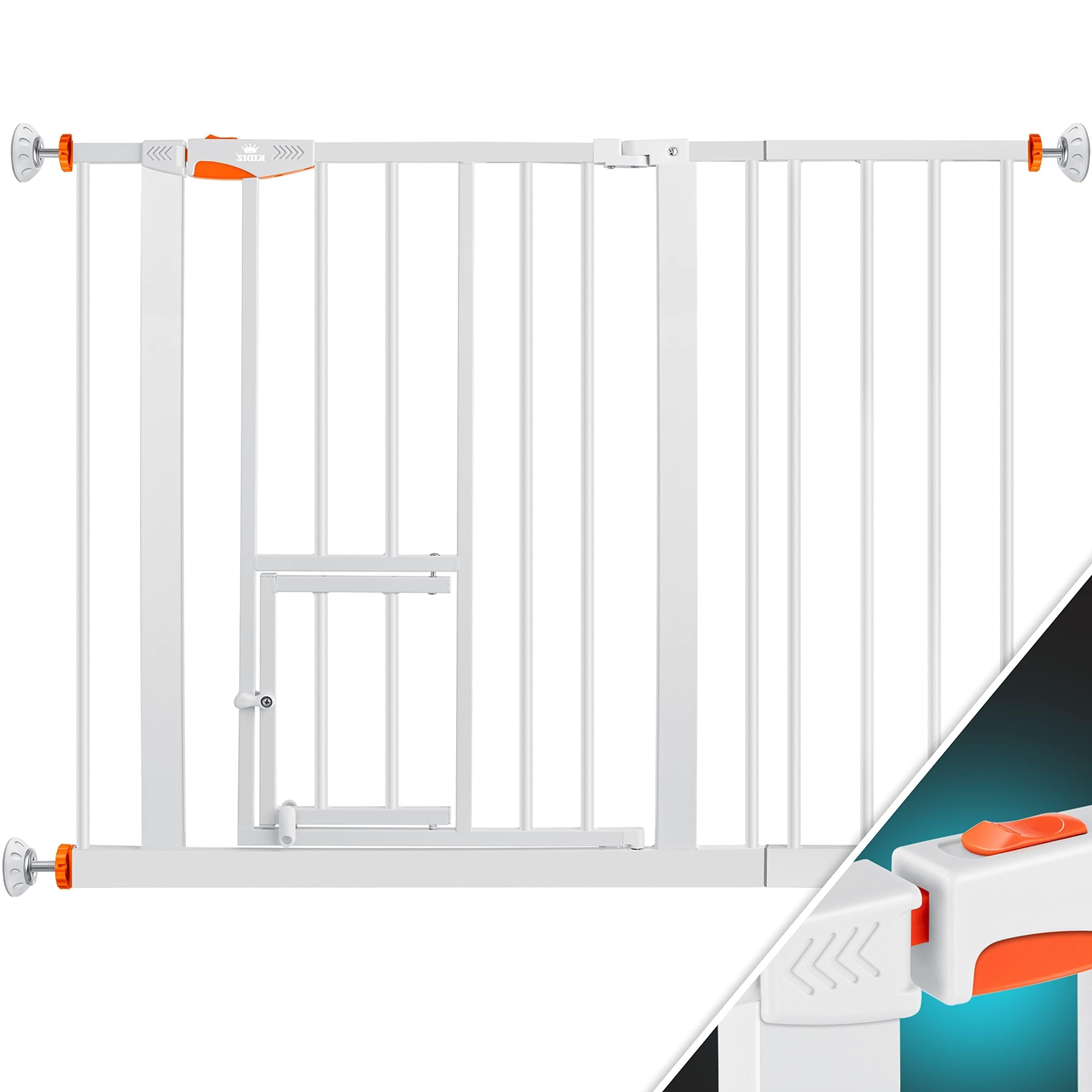 KIDIZ® Rejilla de protección para puerta, para niños, con puerta para perros y gatos, mascotas, sin agujeros, ampliable, combinable con husillos en Y, orientable, tamaño: 102-115 cm