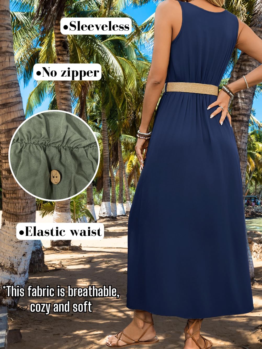 Women's Summer Maxi Dress with Belt, Sleeveless Button Front Slit Casual Sundress Vacation Outfits - Image 4