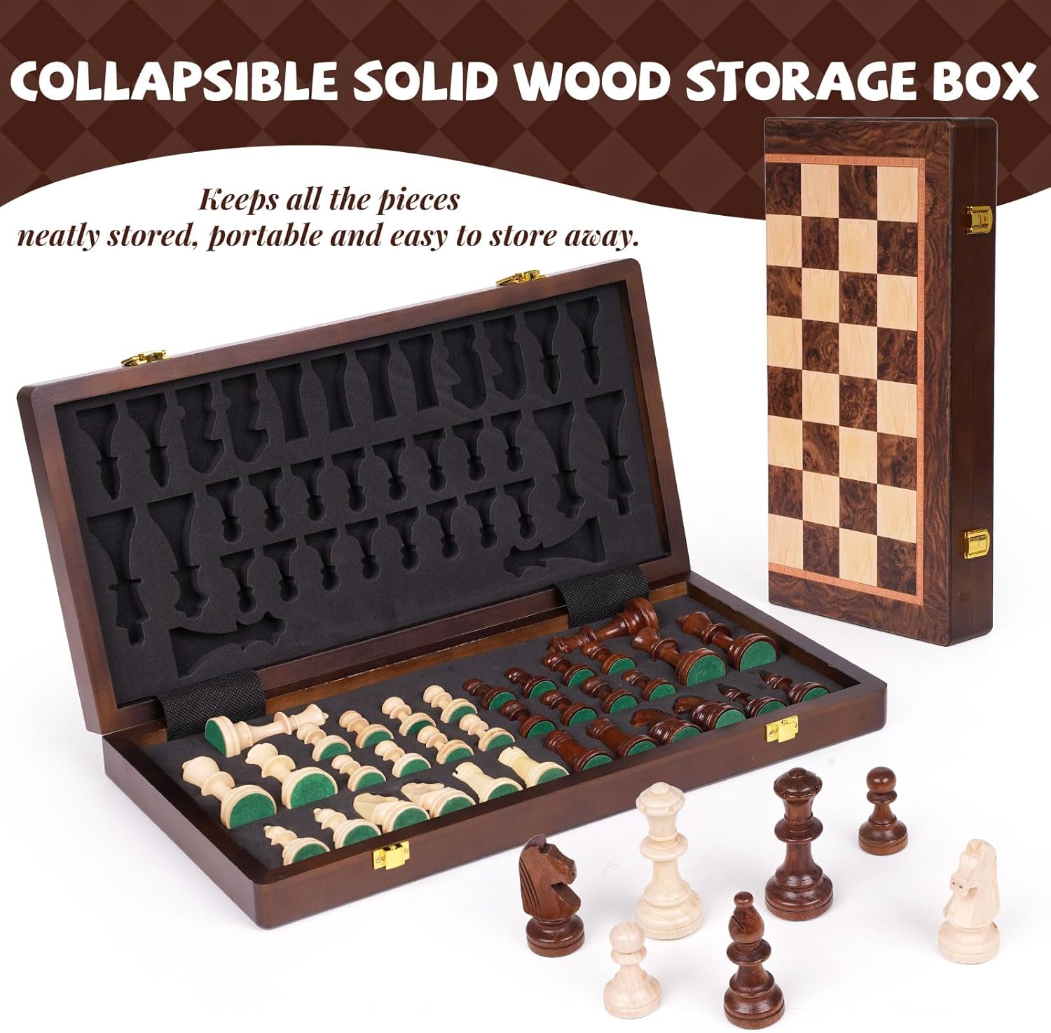 Magnetic Chess Set, 15 Inch Wooden Chess Set with Storage, Folding Travel Chess Set with Strong Magnetic Pieces, Tournament Chess Board, Portable Chess Set with 2 Extra Queens for Adults & Kids