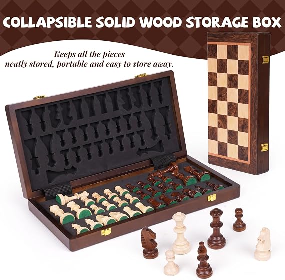 Magnetic Chess Set, 15 Inch Wooden Chess Set with Storage, Folding Travel Chess Set with Strong Magnetic Pieces, Tournament Chess Board, Portable Chess Set with 2 Extra Queens for Adults & Kids