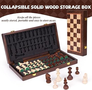 Magnetic Chess Set, 15 Inch Wooden Chess Set with Storage, Folding Travel Chess Set with Strong Magnetic Pieces, Tournament Chess Board, Portable Chess Set with 2 Extra Queens for Adults & Kids