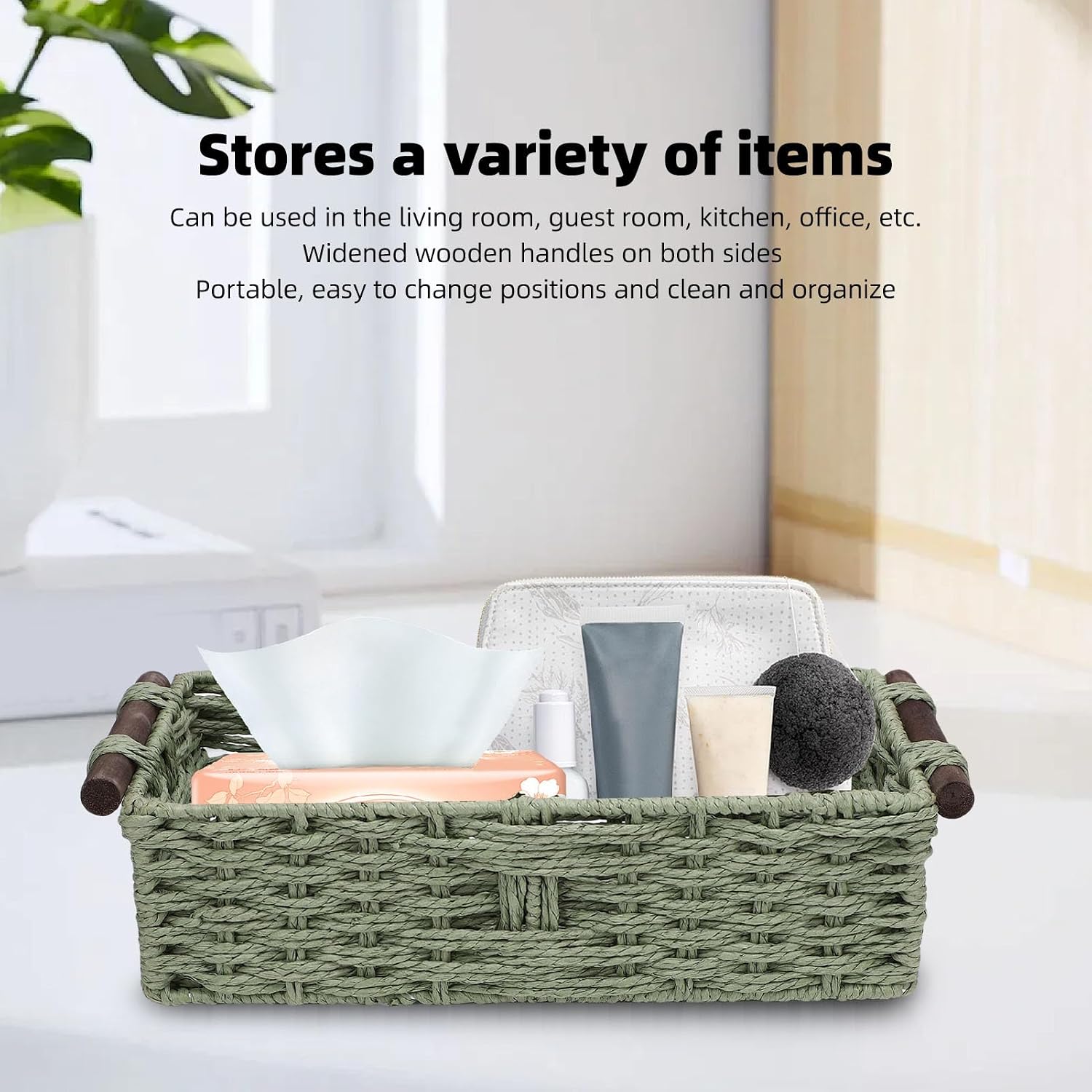 Paper Rope Storage Basket Handmade Woven Decorative Storage Bin Rustic Toilet Tank Topper with Sturdy Wooden Handles for Bathroom Living Room Kitchen Office (Green)