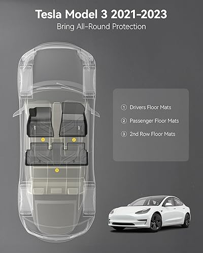 Miniatura 3 de 3W  Tapetes compatibles con Tesla Model 3 2021-2023, tapetes TPE para todo tipo de clima con ajuste personalizado para la 1 y 2 fila, juego