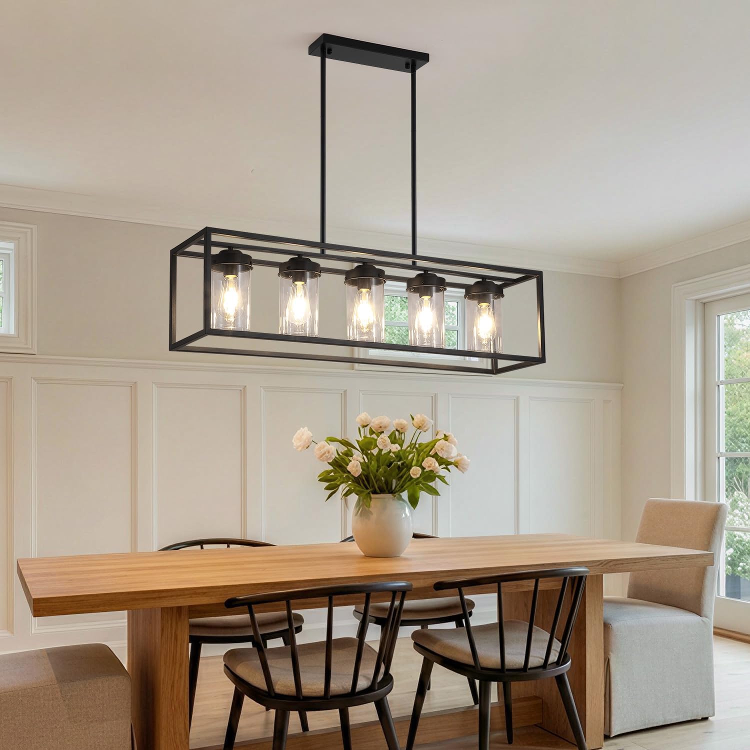 Black Farmhouse Dining Room Chandelier, Rectangular Clear Glass Pendant Light, Modern Industrial Hanging Light Fixture for Kitchen Island