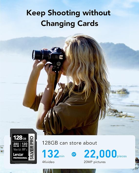 Lexar Silver PRO SD Card 2x128GB UHS-II SD Memory Card V60 U3 C10 up to 280MB/s Read 120MB/s Write SDXC Card for DSLR/Camera/Photographer/Videographer/Enthusiasts (LSDSIPR128G-B2NAA)