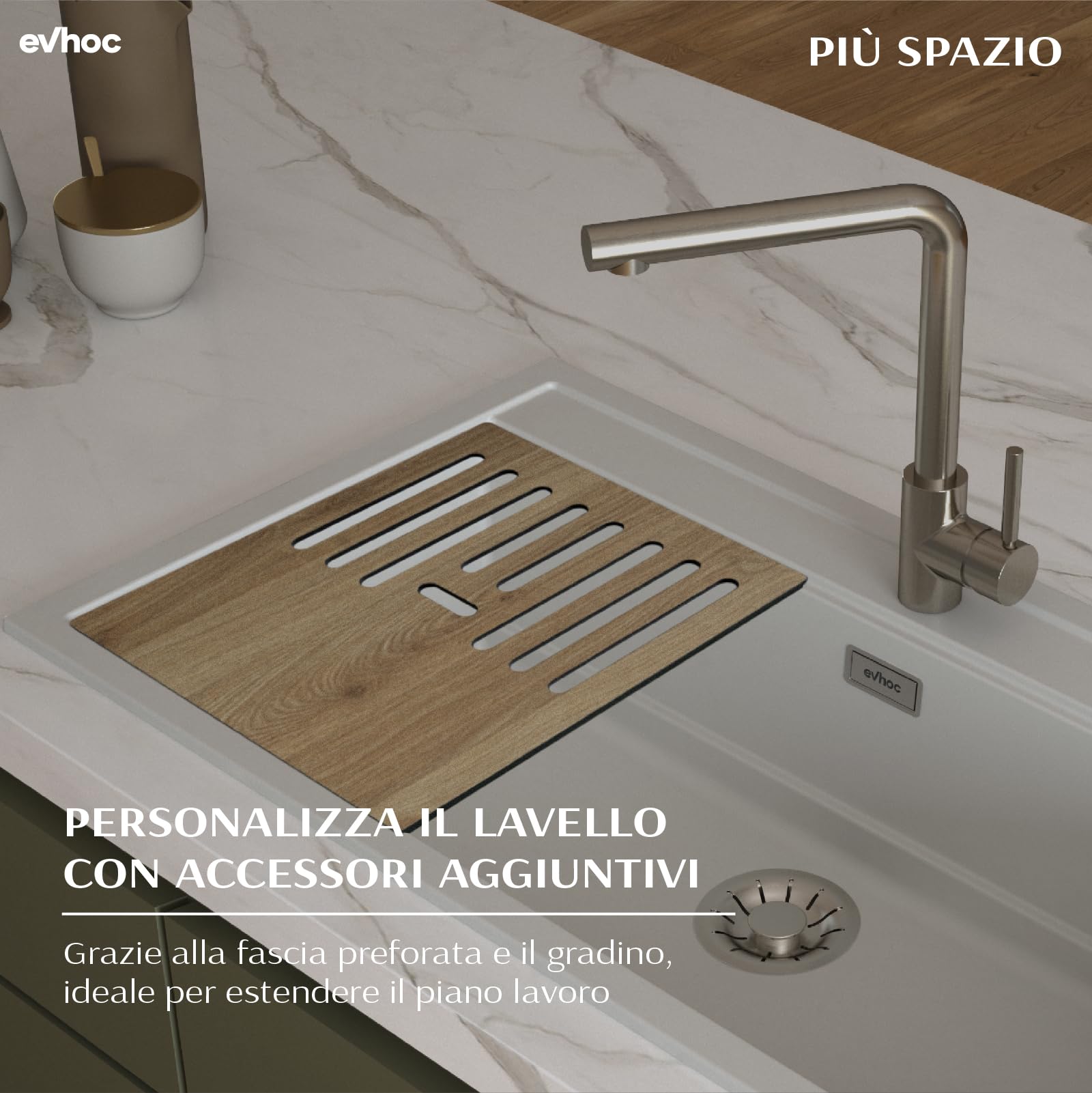 Lavello Cucina Sopratop EVHOC NATURALIS M – Vasca Unica In Acciaio AISI 304, 74x44 Cm, Finitura Satinata, Piletta Inclusa, Made In Italy