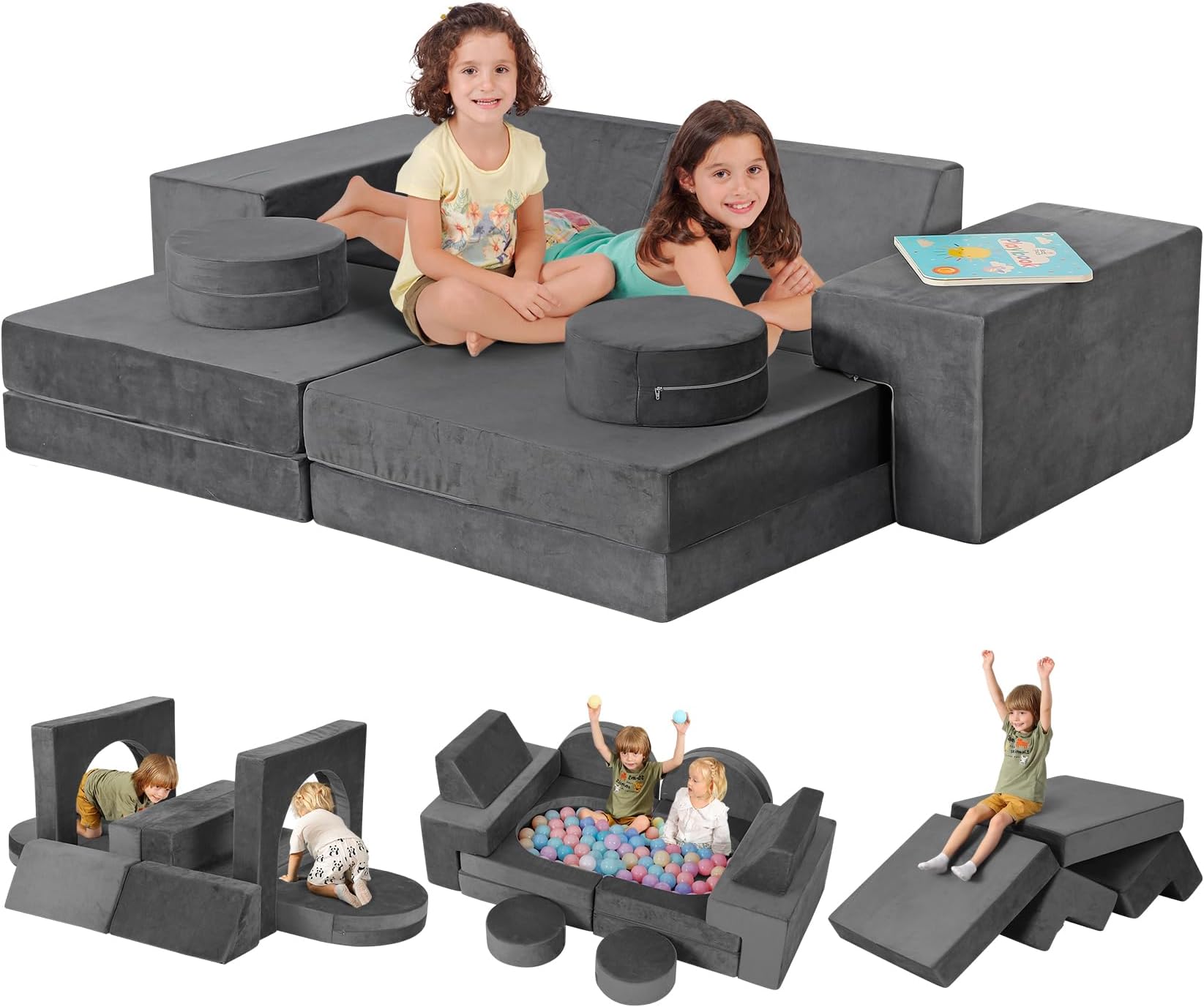 Kidirect Kids Play Couch, 11-Piece Modular Kids Couch for Playroom, Kids Sofa Couch, Versatile Toddler Couch, Durable Foam Couch for Kids, Space Grey