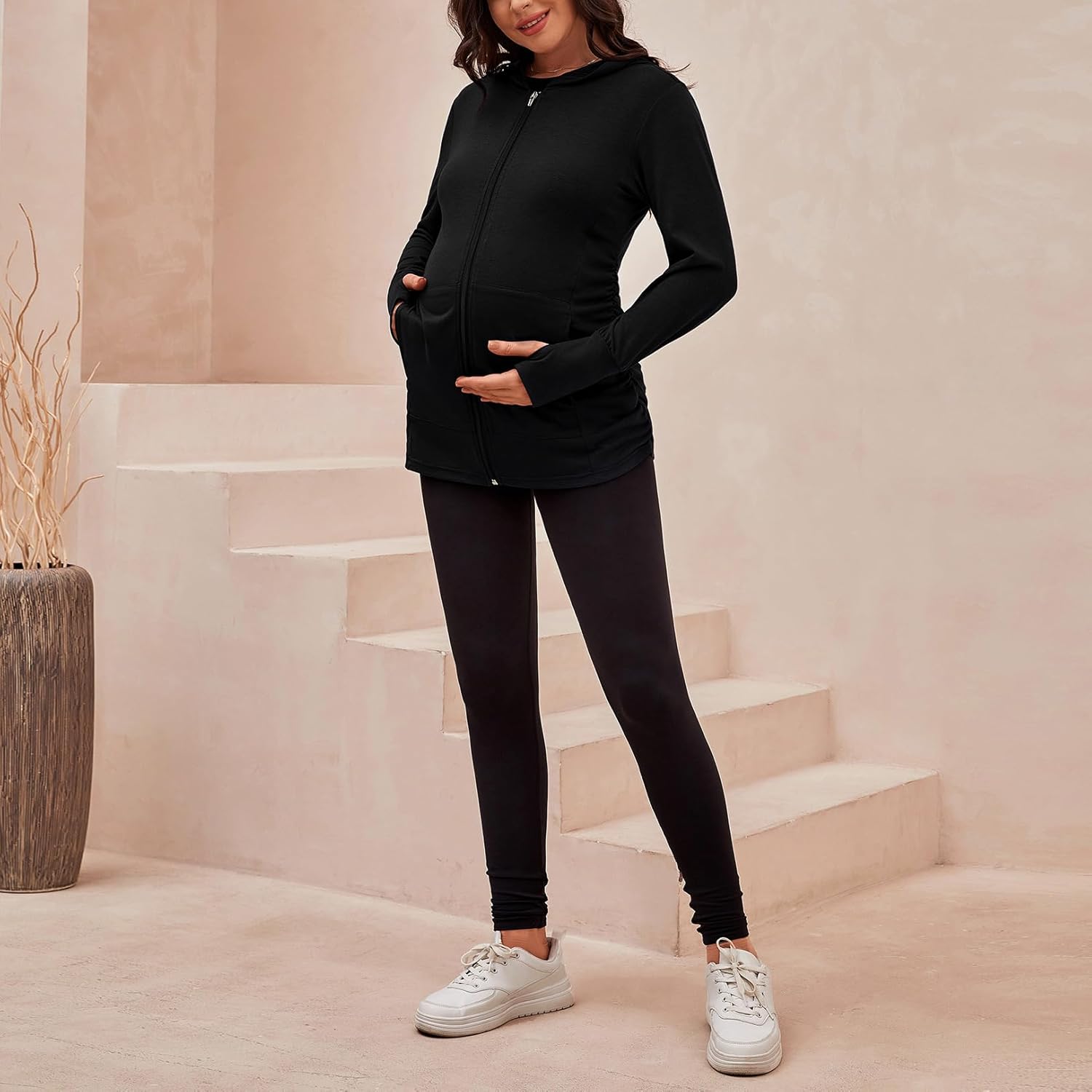 DEBELLY Maternity Sweatshirts Long Sleeve Full Zip Hoodie Casual Pregnancy Women Jacket Top with Pockets,Thumb Hole,Side Ruch - Image 4