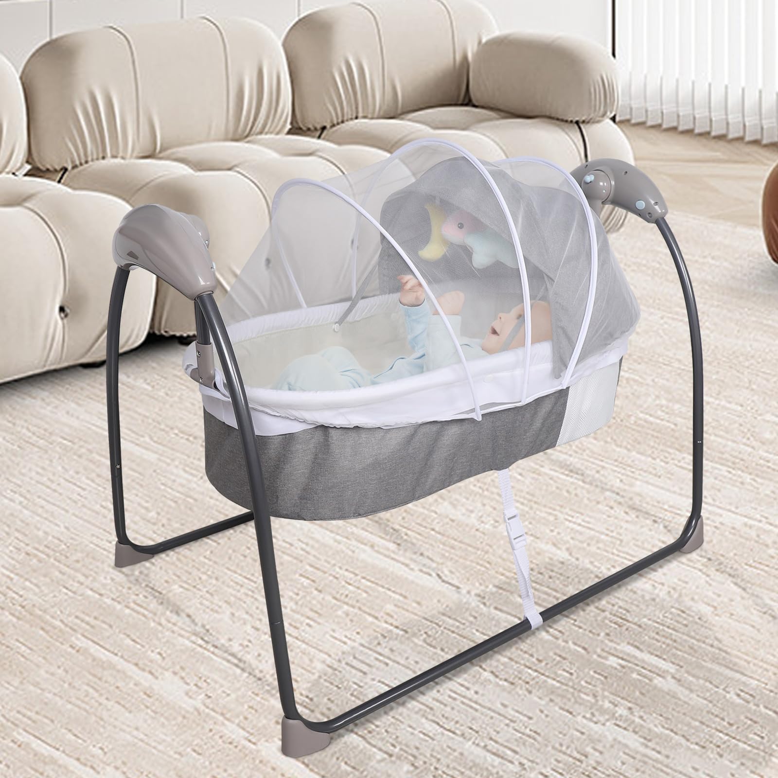 Babybett Baby Schüttelbett 0-12 Monate 10kg 80x44x25cm 8-30min 3 Stufen | Elektrisches Babybett Babywiege elektrisch 180° flache Position 8/15/30min Timer Bluetooth Fernbedienung Moskitonetz