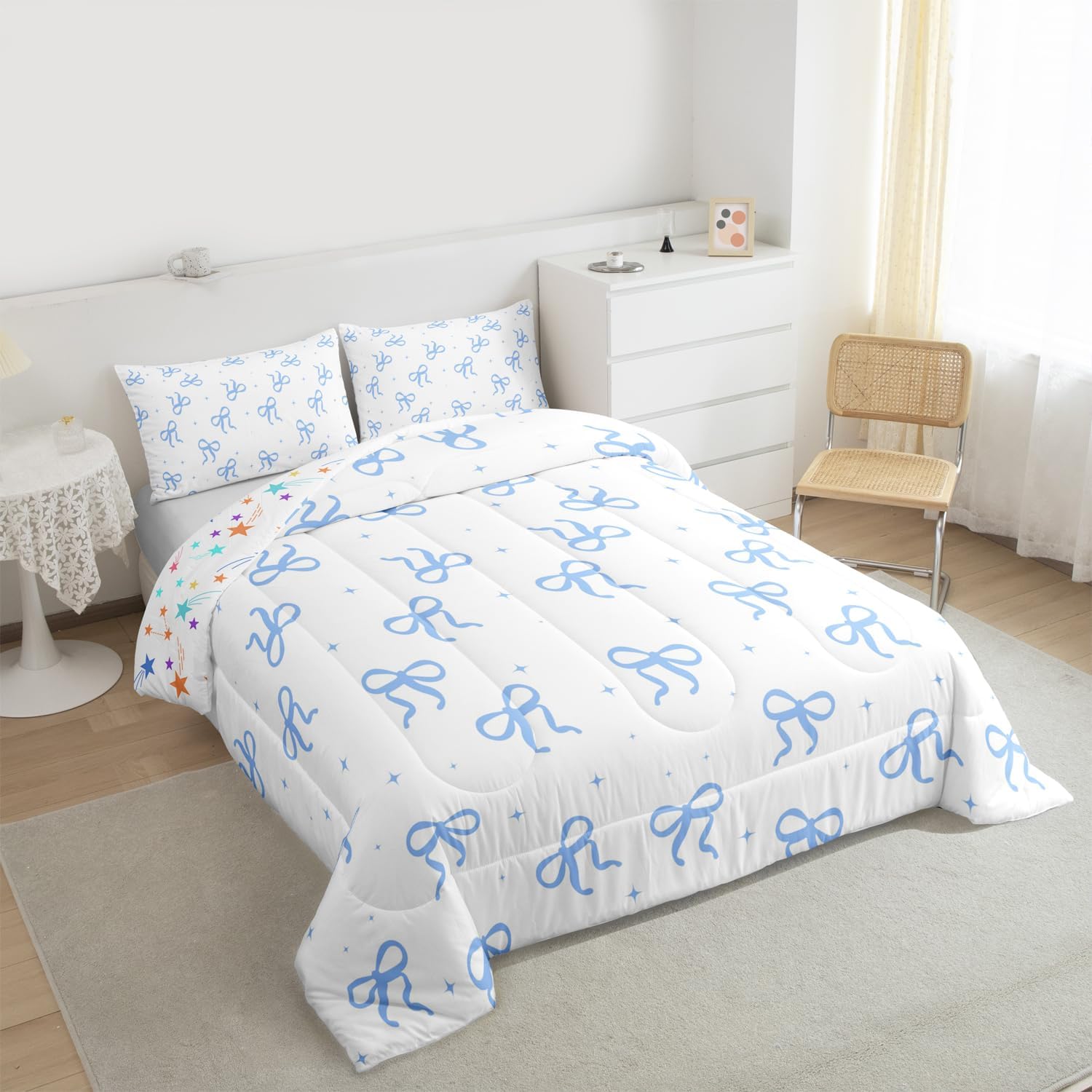 Erosebridal Blue Bow Bedding Set Twin Size - Teen Girl Coquette Bow Comforter Set for Kids Preteen Preppy Trendy Modern Bows Quilt Sets Blue White Fashion Girly Duvet Insert