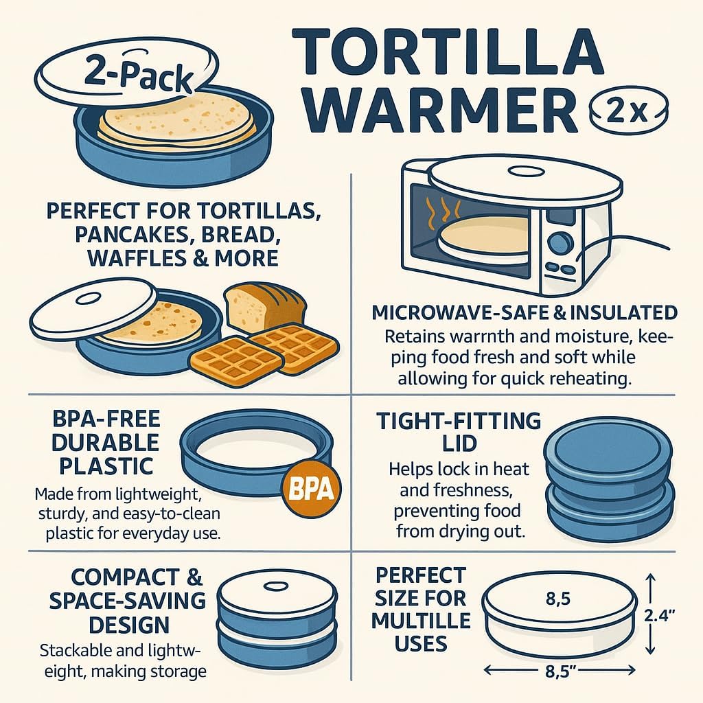 2-Pack Tortilla Warmer with Lid, 8.5 Inch BPA-Free Microwave Safe Insulated Tortilla Holder Container, Keeps Tortillas Soft for Taco Night, Pancakes Bread Waffles