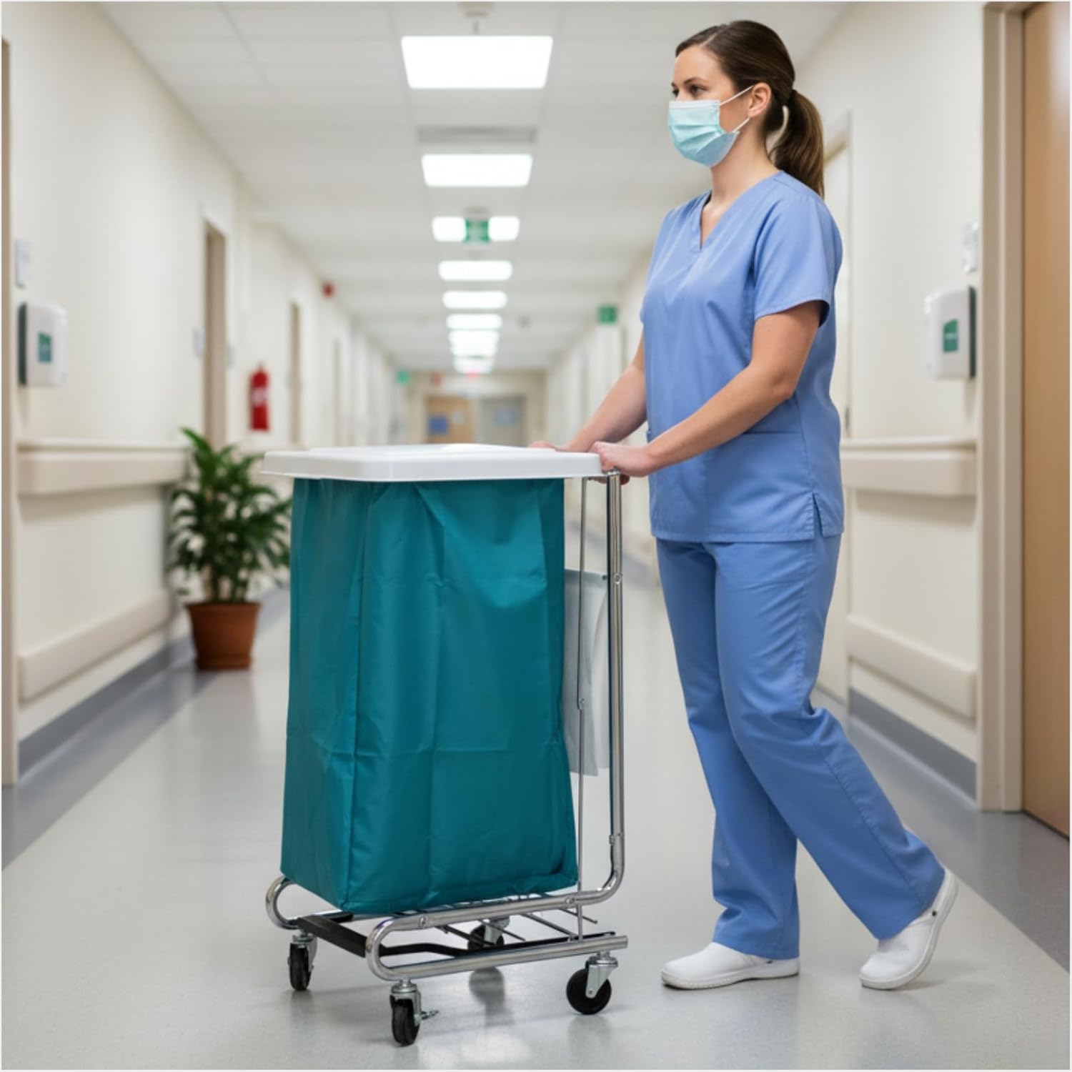 Nurse Laundry Cart – Stainless Steel Frame Utility Cart Without Bag, Rolling Hamper for Clinics, Nursing Homes, and Workplaces (Silvery Car - Green Bag)