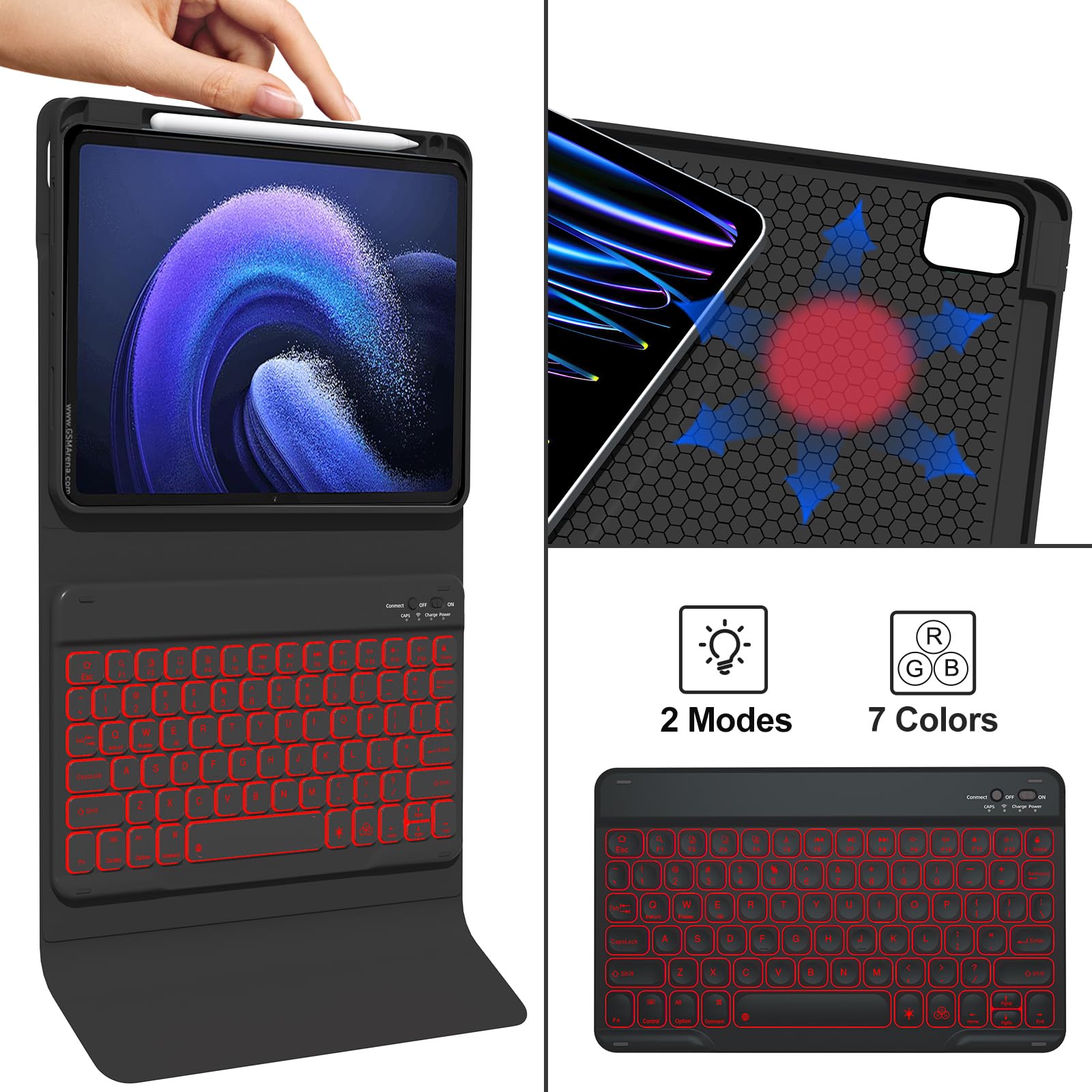 Black,GUPENAA Etui z klawiaturą do Xiaomi Mi Pad 5/5 Pro 11", 7-kolorowe Podświetlenie, Wbudowany Uchwyt na Ołówek, Magnetyczna Odłączana Bezprzewodowa Klawiatura Bluetooth z Myszką