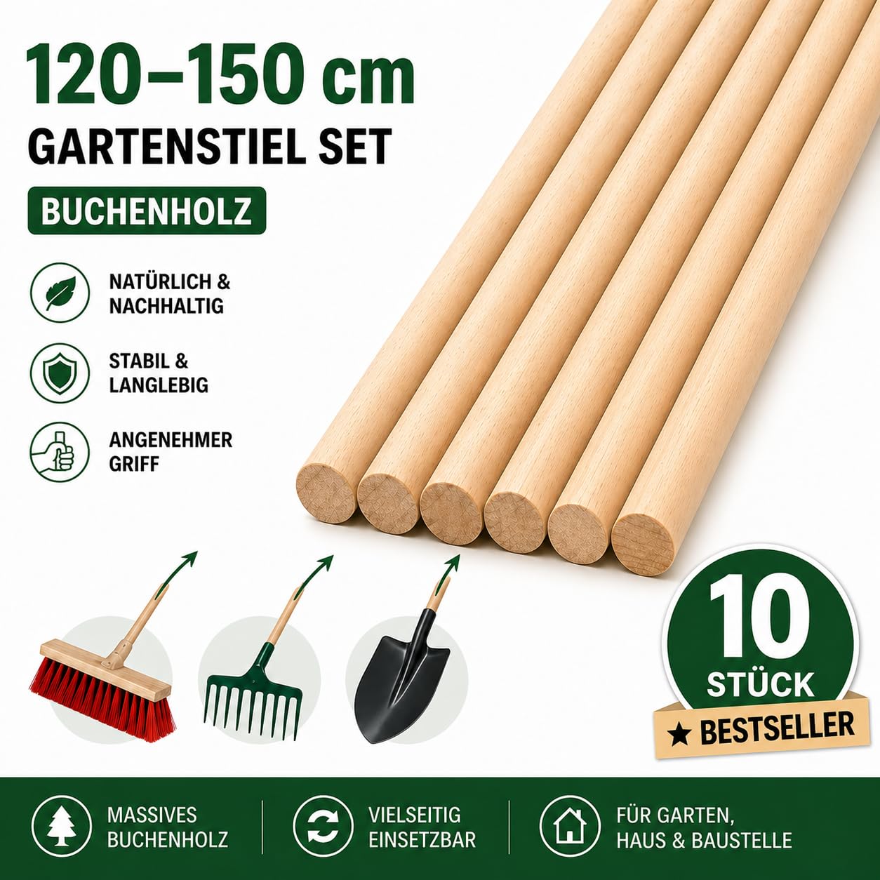 All4All Besenstiel 120cm - Holzstiel - Gerätestiel - Spatenstiel - Ersatz - Spaten - Stiel aus Buch - Ersatzstiel - Gartengeräte - Buchenholz - Spatenstiel (10 Stück)