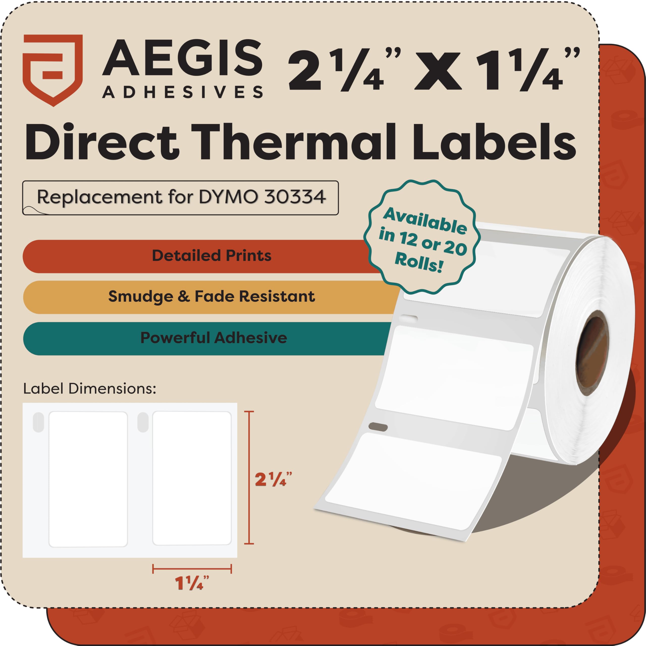 Aegis Adhesives - 2-1/4" X 1-1/4" Replacement for DYMO 30334 (12 Rolls/12000 Labels) Direct Thermal UPC Barcode Labels - Compatible with LabelWriter 450, 450 Turbo, 4XL Printers (NOT 550, 5XL)