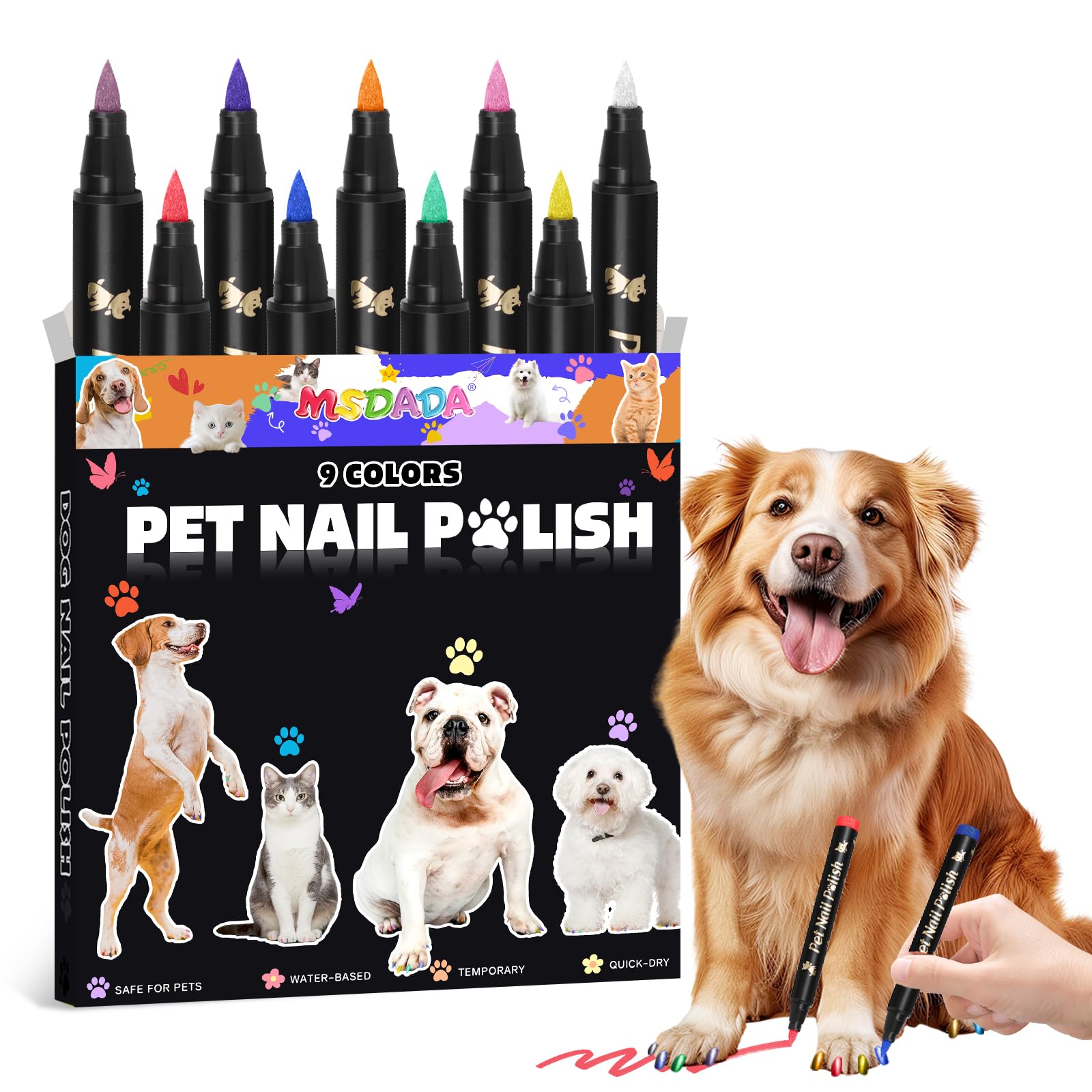 9 Colors Dog Nail Polish Pens,MSDADA Quick Dry Pet Nail Polish Set for Dogs to DIY Stylish Dog Nail Art Non-Toxic Dog Safe Nail Polish Dog Accessories for Large & Small Dogs