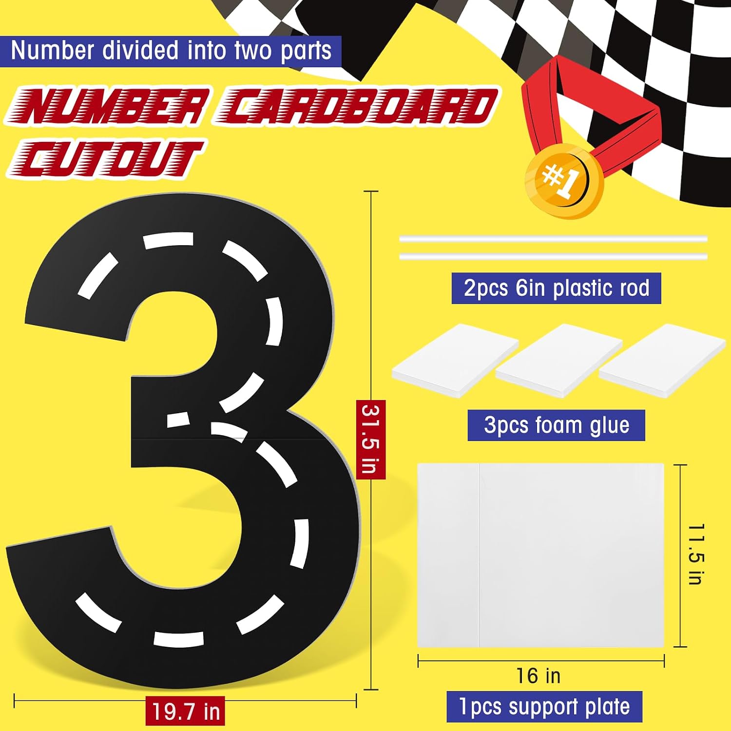 Geelin Race Car Birthday Number Sign Cutout, Two Fast Party 31 Inch Large Foldable Racetrack Cardboard for Boys 2nd 3rd Speed Limit 3 Birthday Party Racing Standing Decorations(Speed Limit 3) image 2