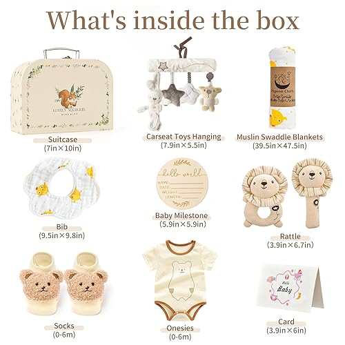 Miniatura 2 de Golray 9 cestas de regalo para bebés recién nacidos para niños y niñas, 2 sonajerosjuguetes colgantes de asientomantabodybaberocalcetines 3Dhito de