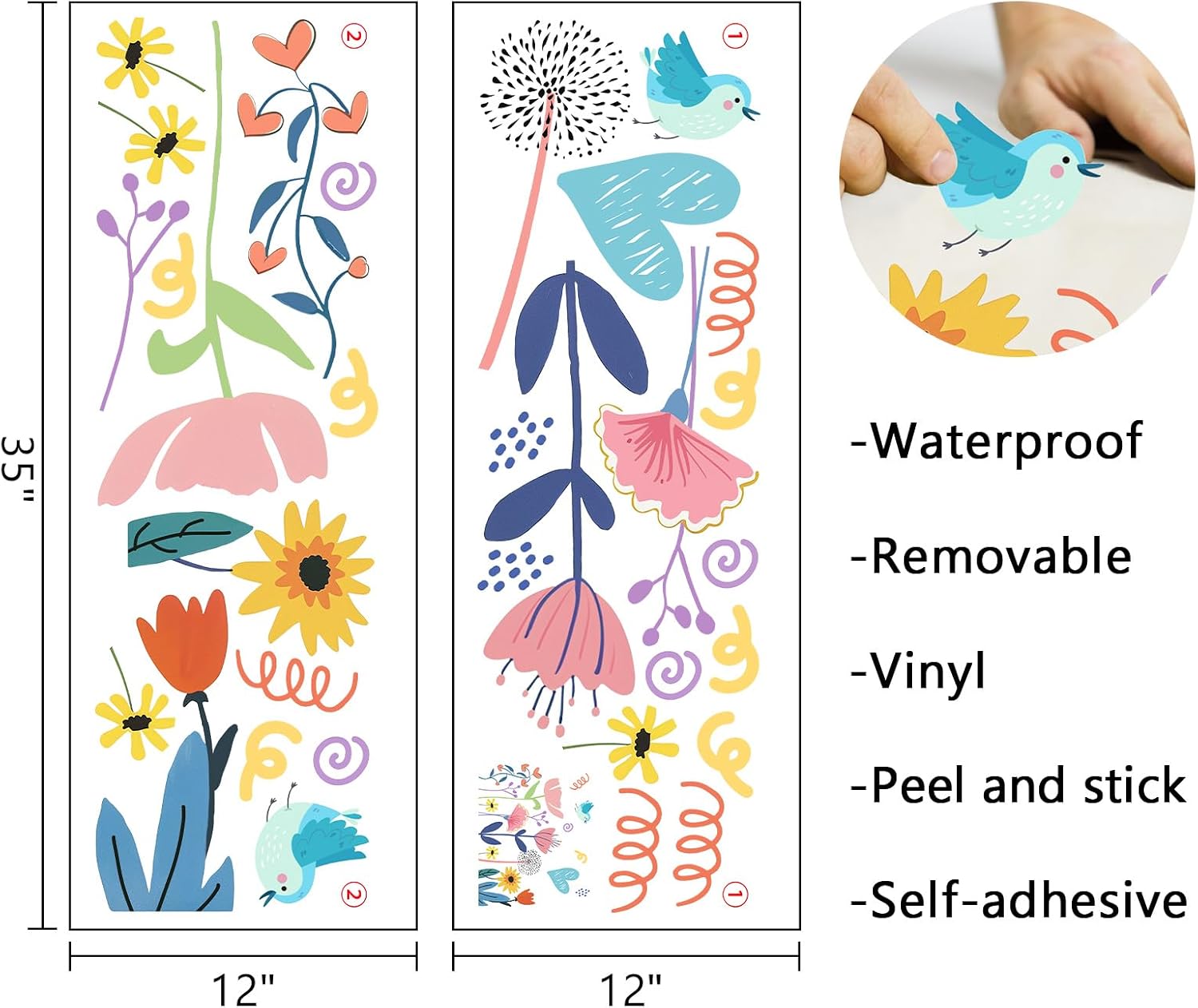 Mfault Abstract Floral Bird Wall Decals Stickers, Boho Colorful Flower Love Heart Nursery Decorations Kids Bedroom Art, Spring Summer Sunflower Dandelion Kids Room Playroom Classroom Decor