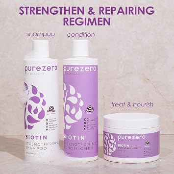 Purezero Biotin BUNDLE [12 oz Shampoo + Conditioner + 8 oz Strengthening Mask] - Volumizing, Thicker, Fuller Hair - Zero Sulfates, Parabens, Dyes, Gluten