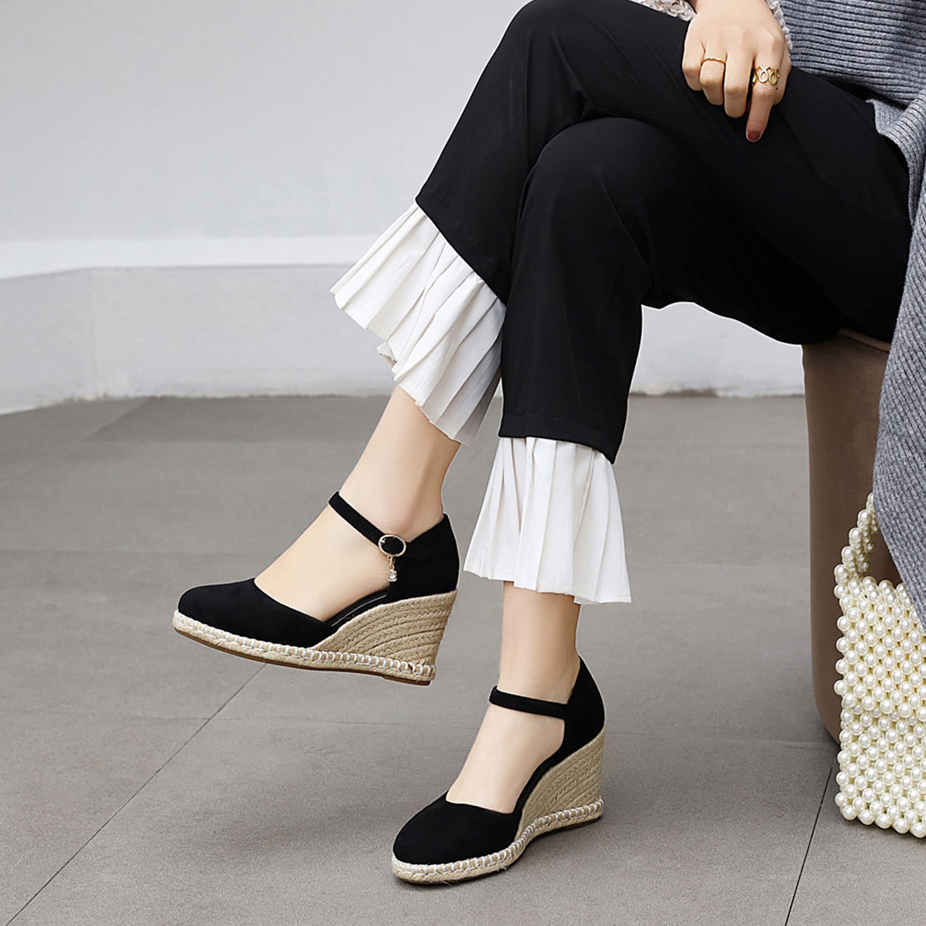 Espadrille con Tacco Alto Donna, Sandali Punta Rotonda Eleganti Zeppa Scarpe da Sera con Plateau Fibbia con Cinturino Alla Caviglia Bow, Numero 31-44