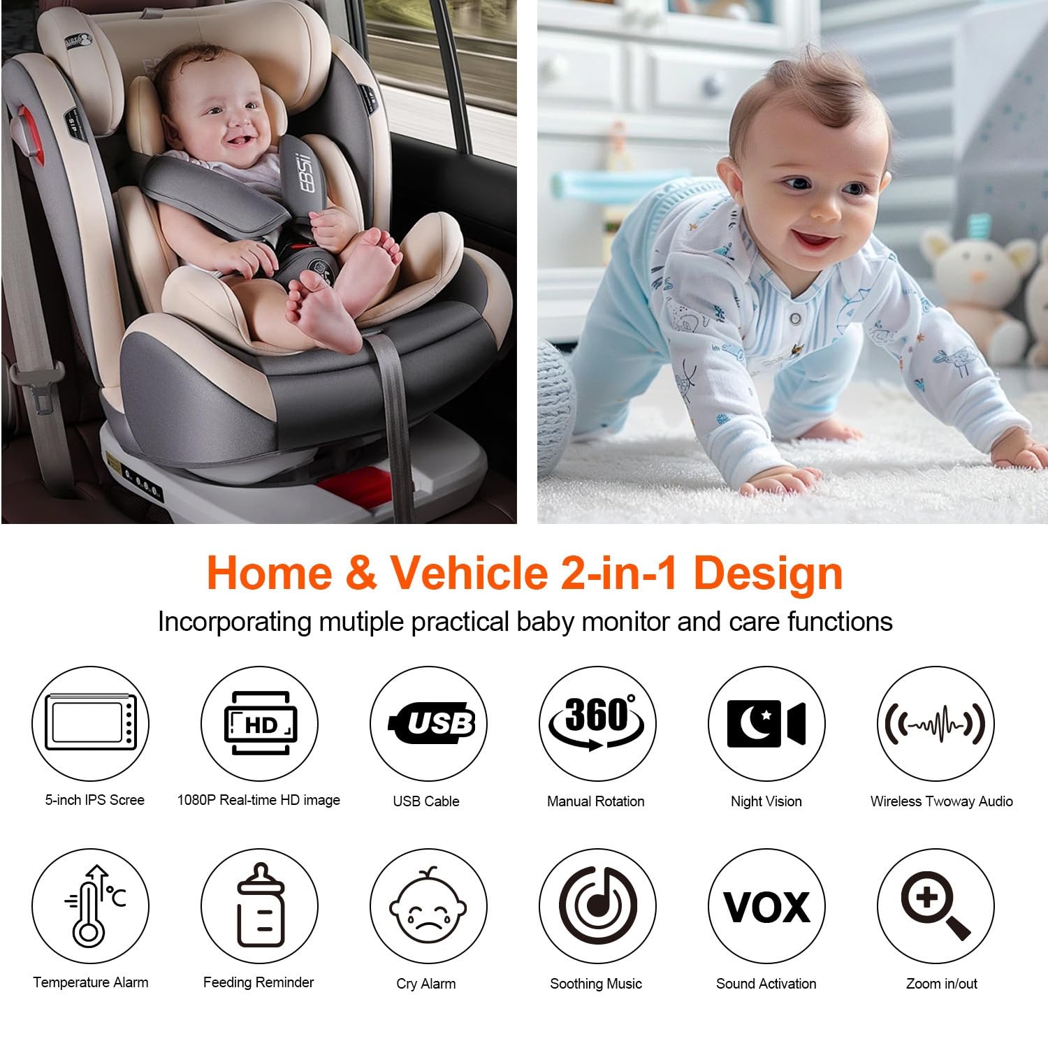 Babyphone avec écran de 5 Pouces et caméra, Audio bidirectionnel sans Fil, Vision Nocturne, Batterie Longue autonomie, Transmission sécurisée, Utilisation à la Maison et en Voiture
