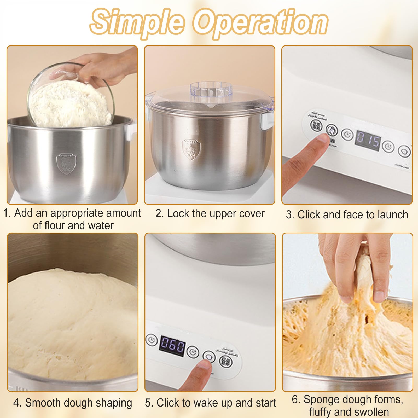 Edelstahl Teigmehl Mixer, 7L Teigknetmaschine mit Fermentierungsfunktion, Edelstahl Teigmaschine mit Timing, Touch Panel, auswechselbarer Klinge für das Backen zu Hause
