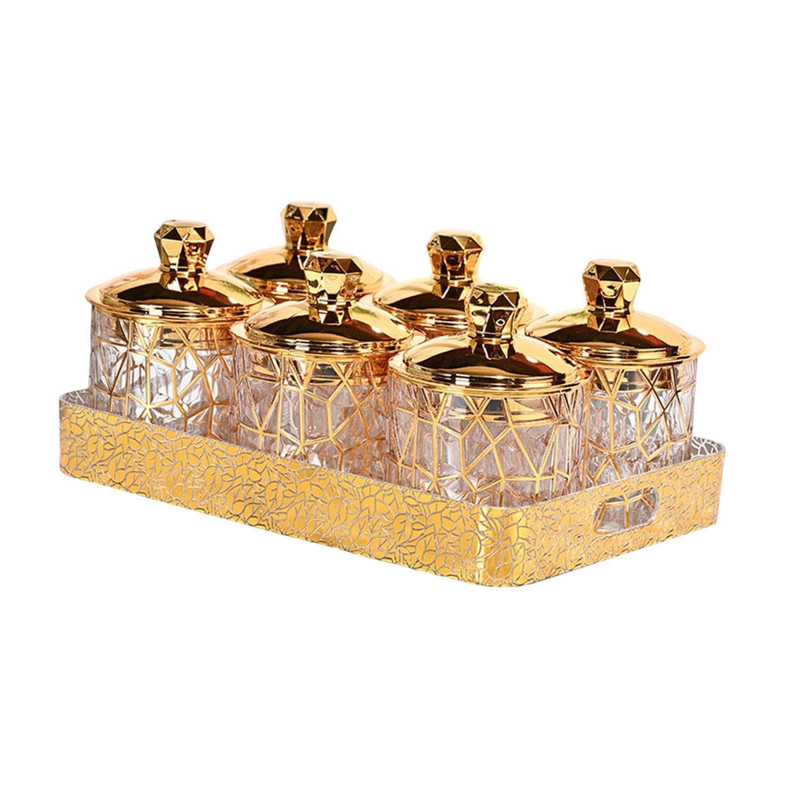 Ensemble de 6 Bocaux Décoratifs Transparents Dorés avec Couvercles, Hermétiques, pour La Conservation Des Fruits Secs et Des Noix.